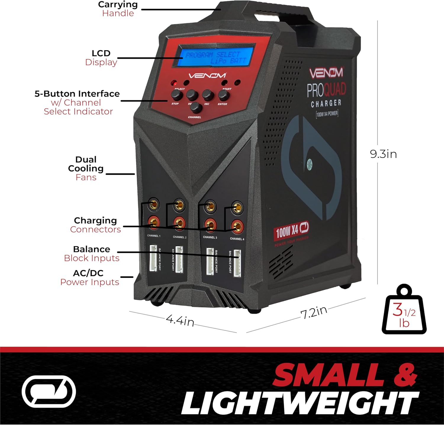 Venom Power - Pro Quad LiPo Battery Fast Charger with LCD Screen - 4 Ports at 100W Each - AC DC 7A Fast NiMH LiHV LiPo Balance Charger Discharger 1S to 6S, Drone, RC Car Battery Charger