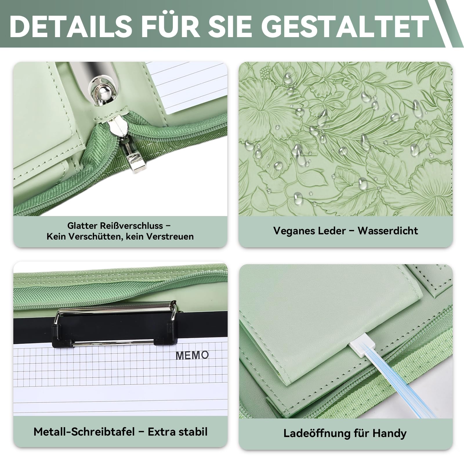 Leathario Konferenzmappe a4 mit Reißverschluss,Schreibmappe a4 mit 10 Dokumentenhüllen,Business Arbeitsmappe mit 4 Ringbuch，Veganes Leder Mappe für Meetings,Behördengänge,Studium,Bewerbungsgespräche