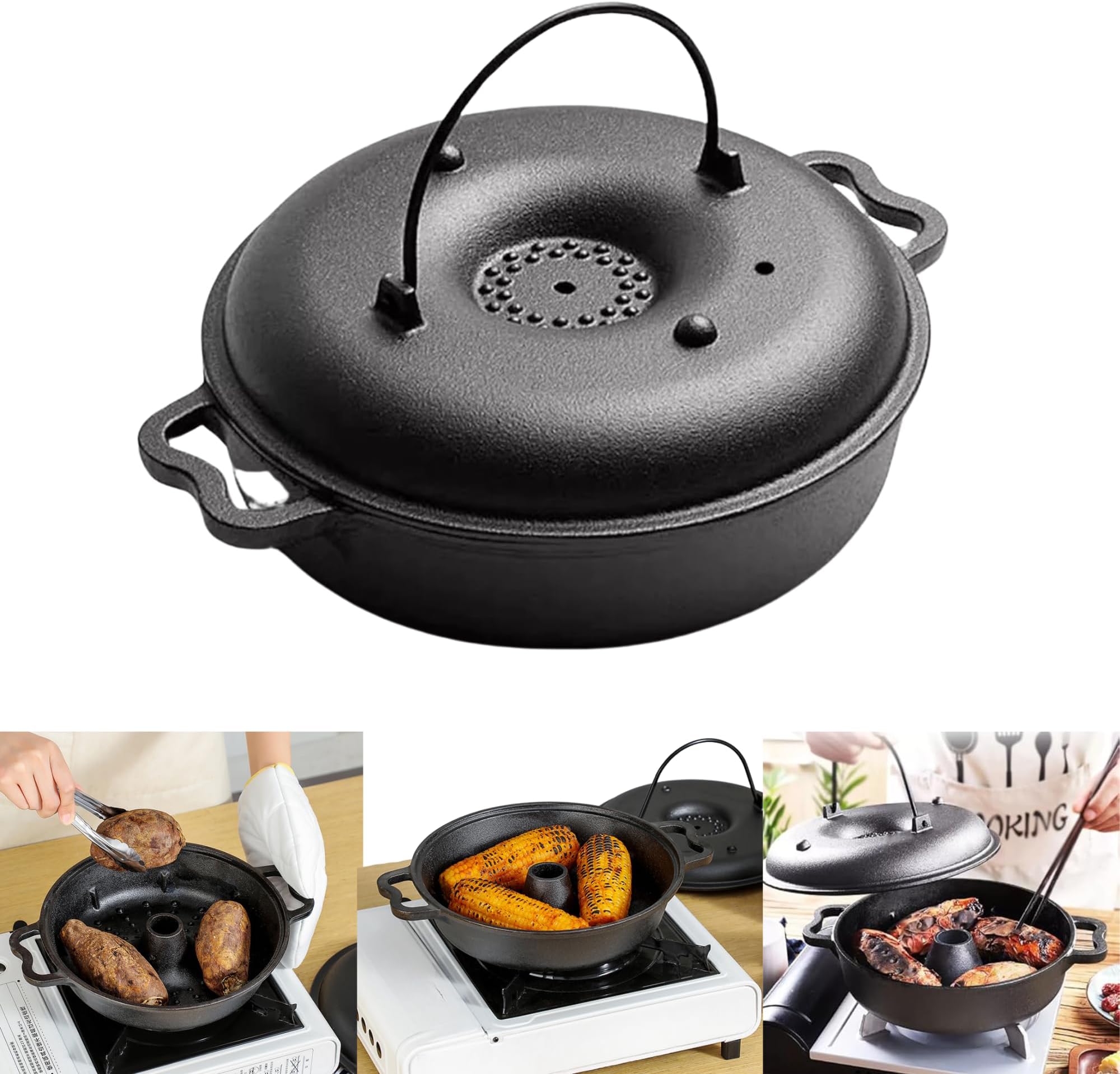 HomeEssentials Multi-functional Cast Iron Cookware Bake Pan- Non Stick Roasting Pot, Sweet Potato Pot, 30.8 cm Diameter, Black