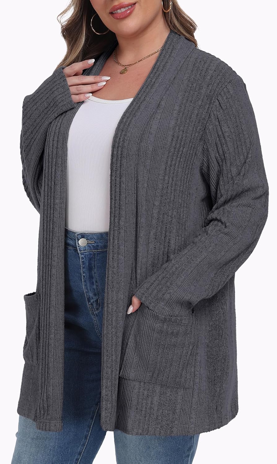 OLRIK Womens Plus Size Cardigan Open Front Easy to Wear Casual Knit Sweaters with Pockets Loose Outwear - Image 2