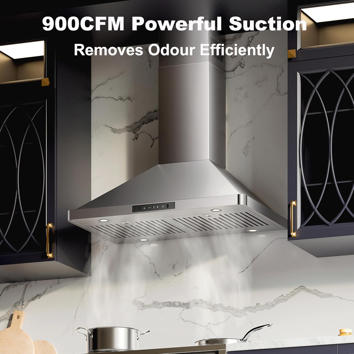 Wall Mount 30inch Range Hood with 900CFM, Dual Fans, 3-speed Gesture Sensing & Touch Control, Ducted and Ductless Stainless Steel Kitchen Vent Hood with Permanent Baffle Filters, SIMILAR TO STOCK PHOTO