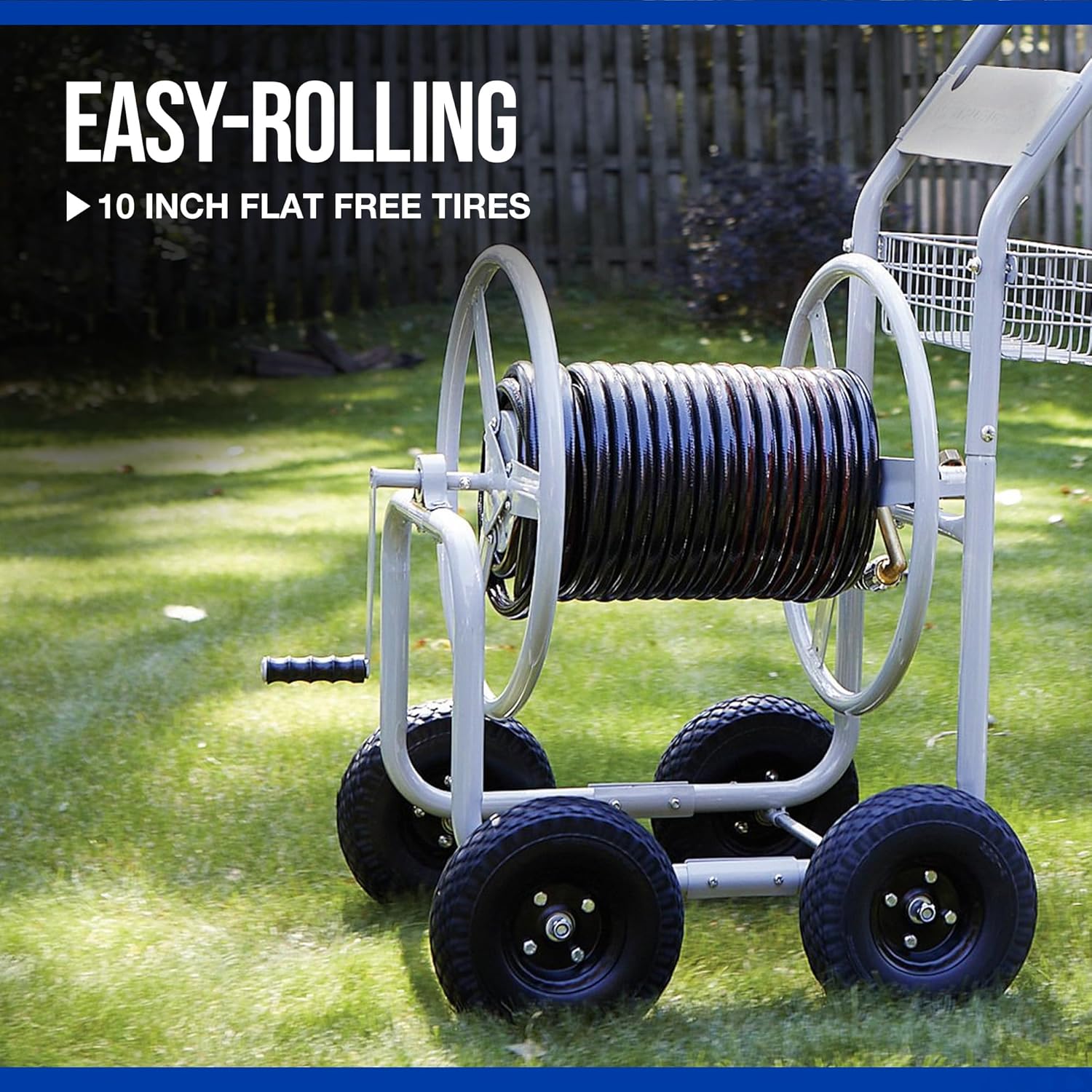 Strongway Garden Hose Reel Cart, Holds 5/8 in. x 400 ft. Hose, Tubular Steel Frame, 10 in. Flat-Free Tires, Brass Fittings, 6 ft. Leader Hose, Integrated Basket, for Garden, Yard and Farm