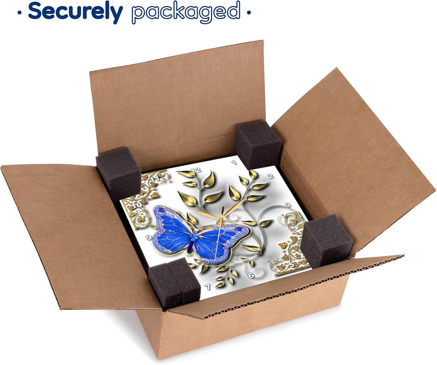 3dRose dpp_150948_3 Blue Butterfly and Gold Accents Wall Clock, 15 by 15-Inch