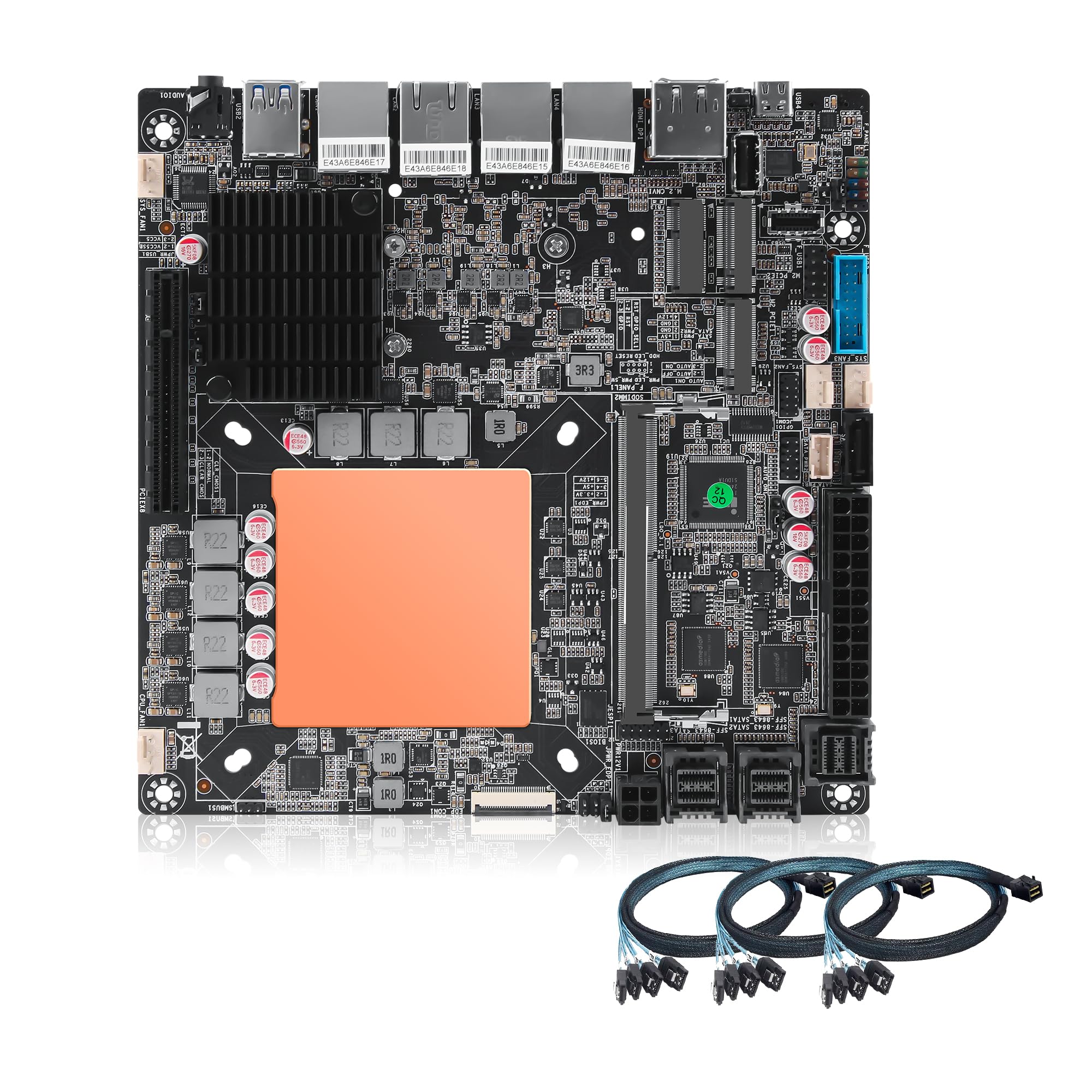 SJRC 12 Bay NAS Motherboard Mini ITX, Core Ultra 5-125H Mainboard with 4x 10GbE 5GbE 2.5GbE LAN, PCIe x8 Slot, USB4 40Gbps, vPro, DDR5 BareBone, 3x 4-SATA Cables