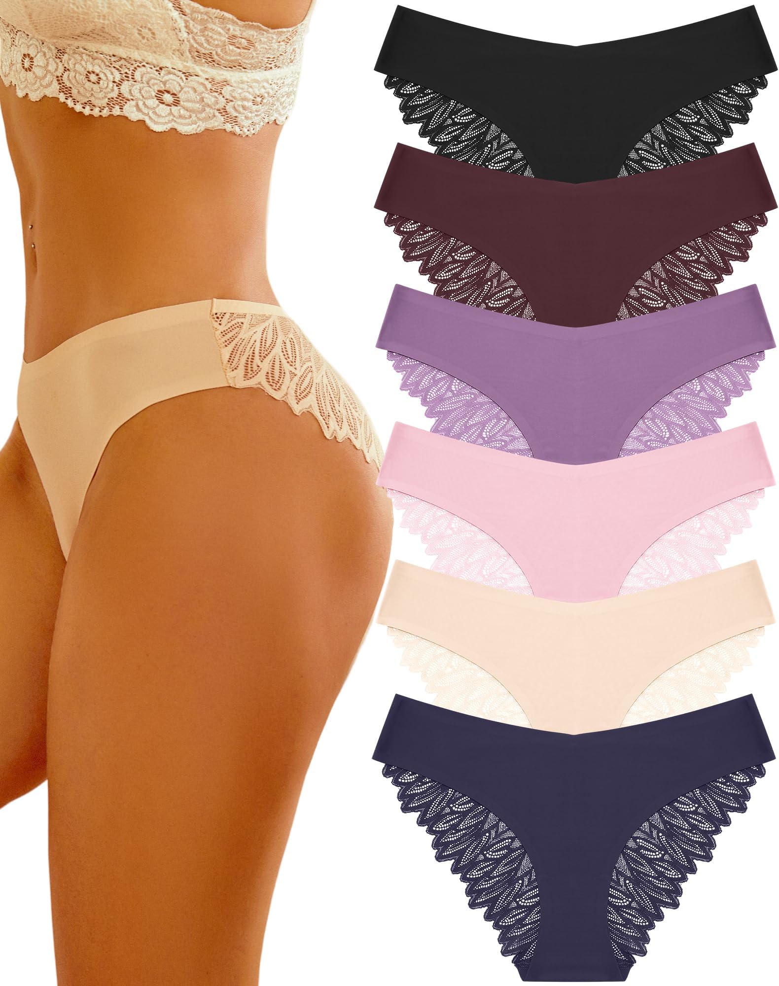Freche Unterwäsche für Damen, Spitze, No Show Bikini, weich, atmungsaktiv, nahtlos, sexy Hipster-Set, 6er-Pack