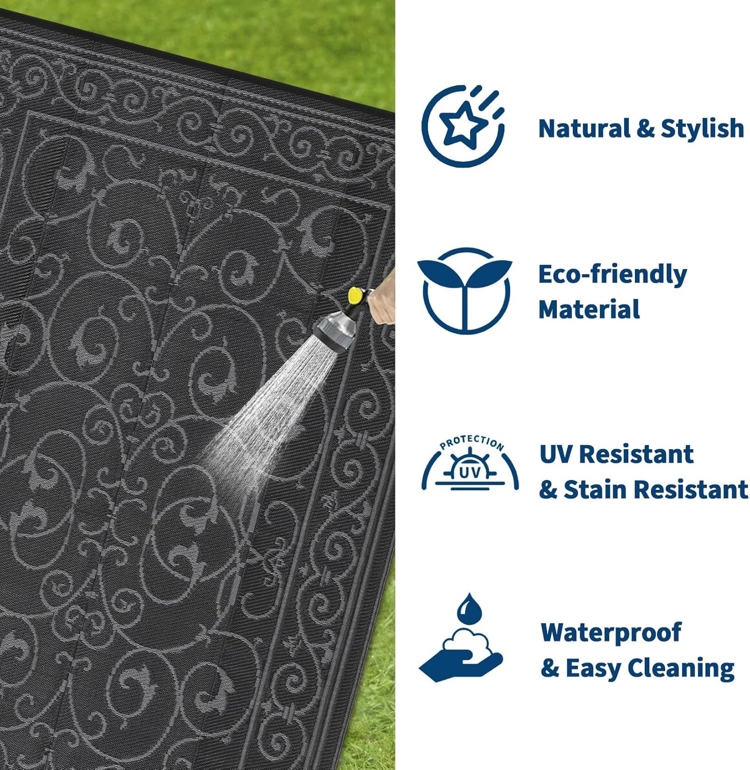 GAOMON Outdoor Patio Rug 8x10 Reversible Camping Mat, Stain-Resistant Plastic Straw Rug, Easy to Clean, Waterproof Indoor Outdoor Carpet for Porch, Deck, Balcony, Beach, GardenVintage-Black&Grey