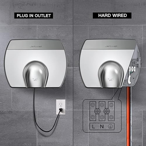 Miniatura 4 de JETWELL Elegante secador de manos comercial compacto, viento cálido automático de alta velocidad, cubierta de acero inoxidable con cableado,