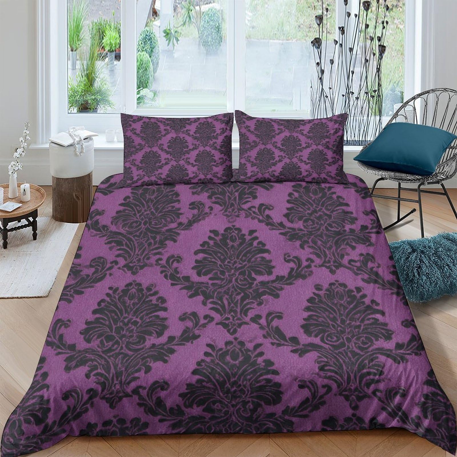 GPLZQXKJNH 3D Printed Baroque Damask Duvet Cover Microfiber Purple Bedding Set Gothic Vintage Quilt Cover with 2 Pillowcases for Bedroom Rental Single（135x200cm）