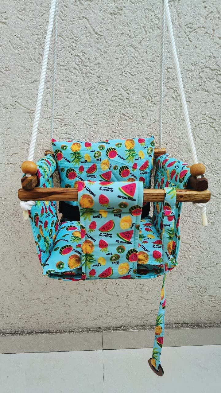 7Seas Baby Swing Cotton Cushion Safety Belt Adjustable Rope and Hook, Baby Swing Hanging Indoor Outdoor, Swing for Kids, Wings with Comfortable pillow [0-4 Years](Up to 20 kg) (Green)