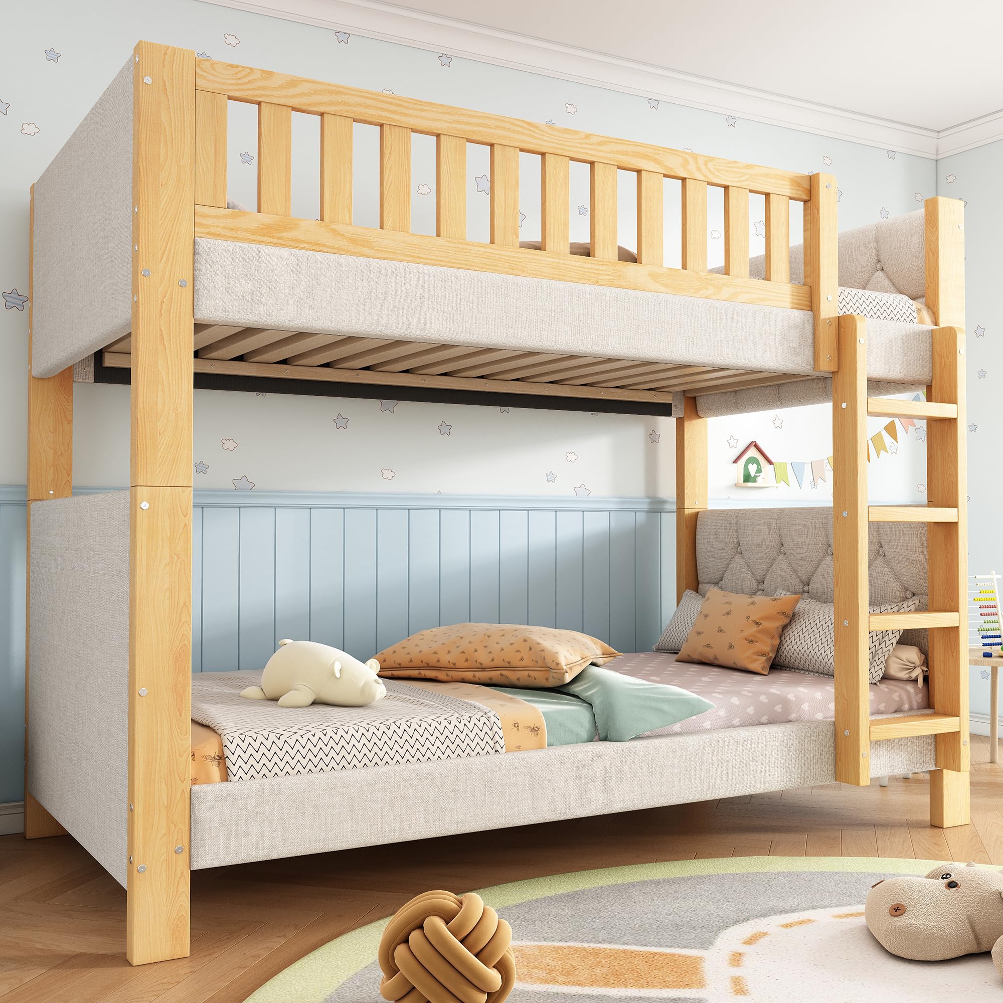 Etagenbett 90x200cm, Kinderbett mit Weiche Antikollisions-Schwammkante und Vierstufige Gerade Treppe, Stabile Lattenroste, Kautschukholz+MDF, Grau+Natur,Ohne Matratze