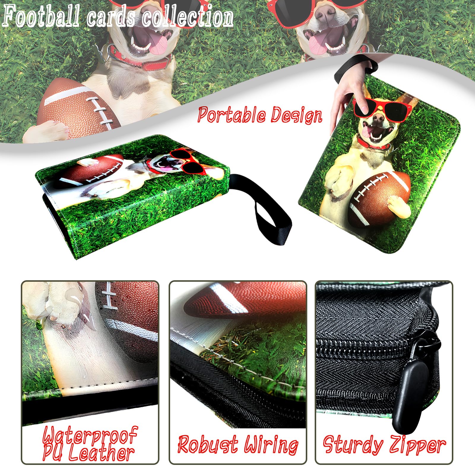 4-Pocket Football Card Binder With Zipper - 50 Removable Sleeves Holds 400 Cards, Includes Handle