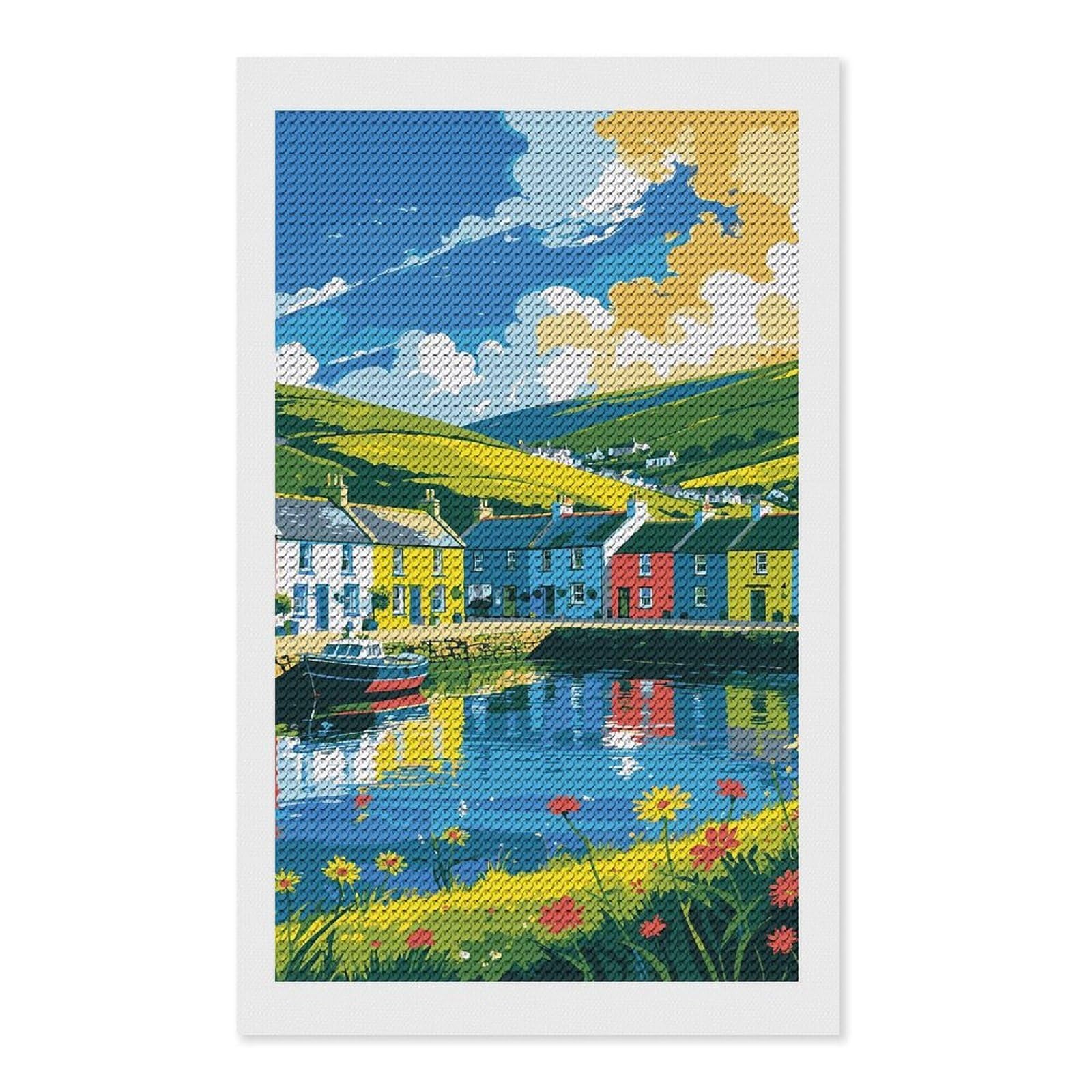 Junmoney Colorful Coastal Village Scene Illustration DIY Diamond Art Canvas Kit 12"x20", Winter Craft, Mindful Craft Project, Aesthetic Room Decor, Decor Project