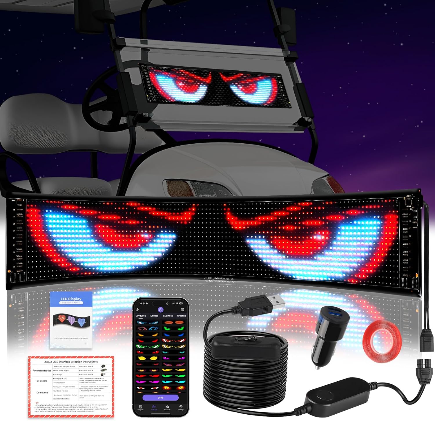 Golf Cart LED Eyes for Golf Cart Windshield, 23x5in Programmable Flexible Screen with App Control, High Bright DIY Dynamic Display Sign for Car/Motorcycle/Golf Carts