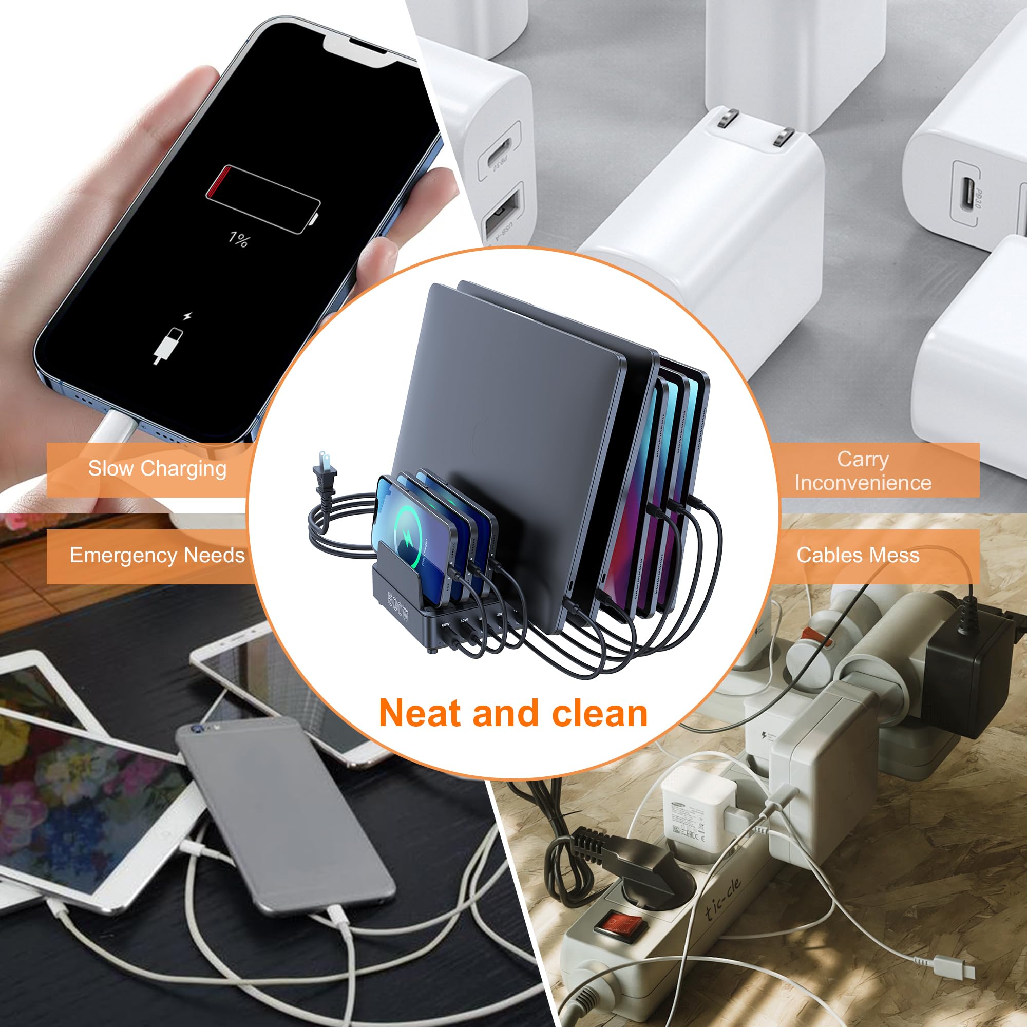CHIPOFY Estación de carga de 500 W para múltiples dispositivos, estación de carga rápida multiUSB C de 10 puertos con soporte organizador para MacBook Laptop, iPad, iPhone 16 15 Pro Max, Galaxy S25