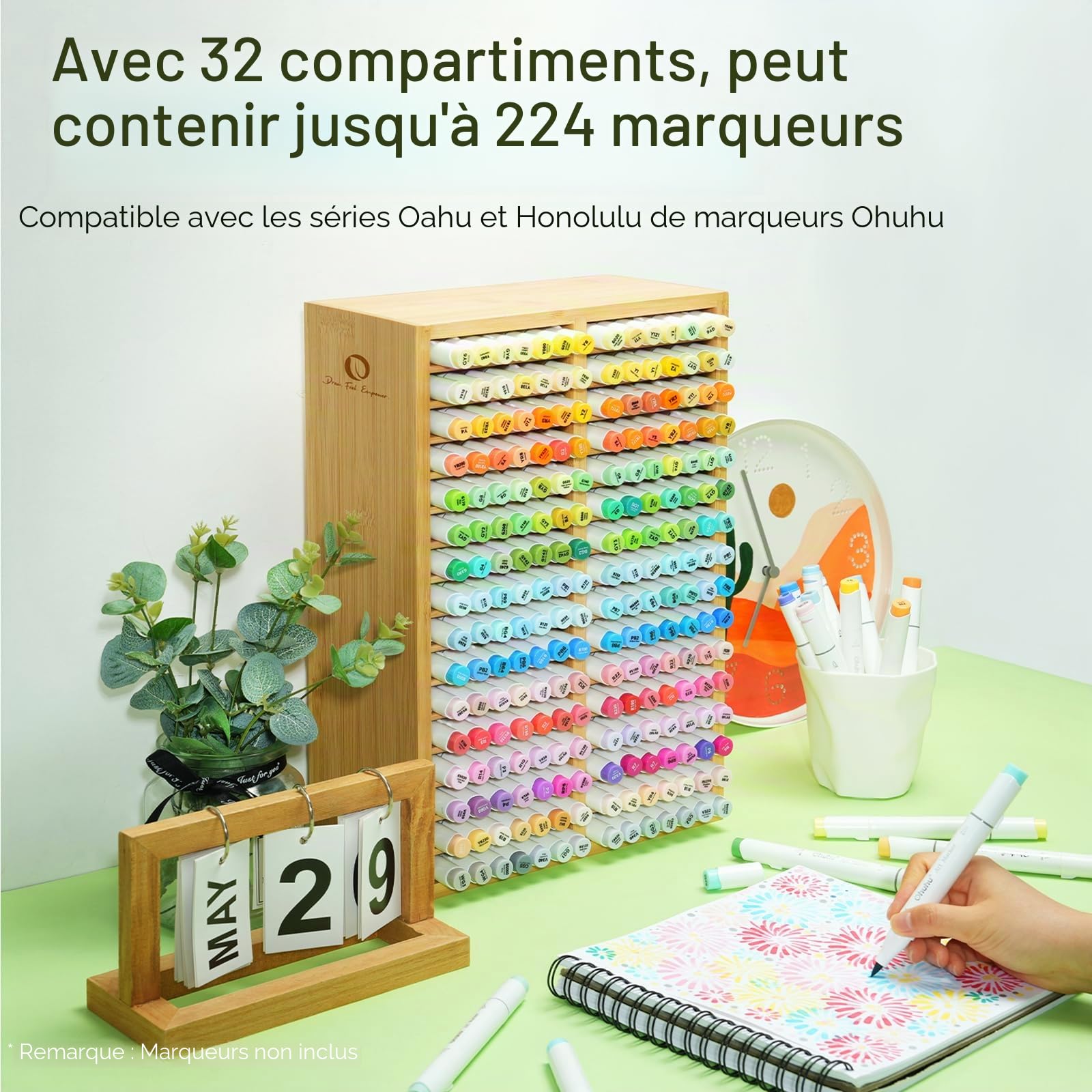 Ohuhu Organiseurs de marqueurs en bambou, Rangement Bureau en bois Tenir 224 marqueurs, Stylos Crayons Etuis Organiseurs multimédia avec 32 compartiments pour la maison Salle de classe Bureau