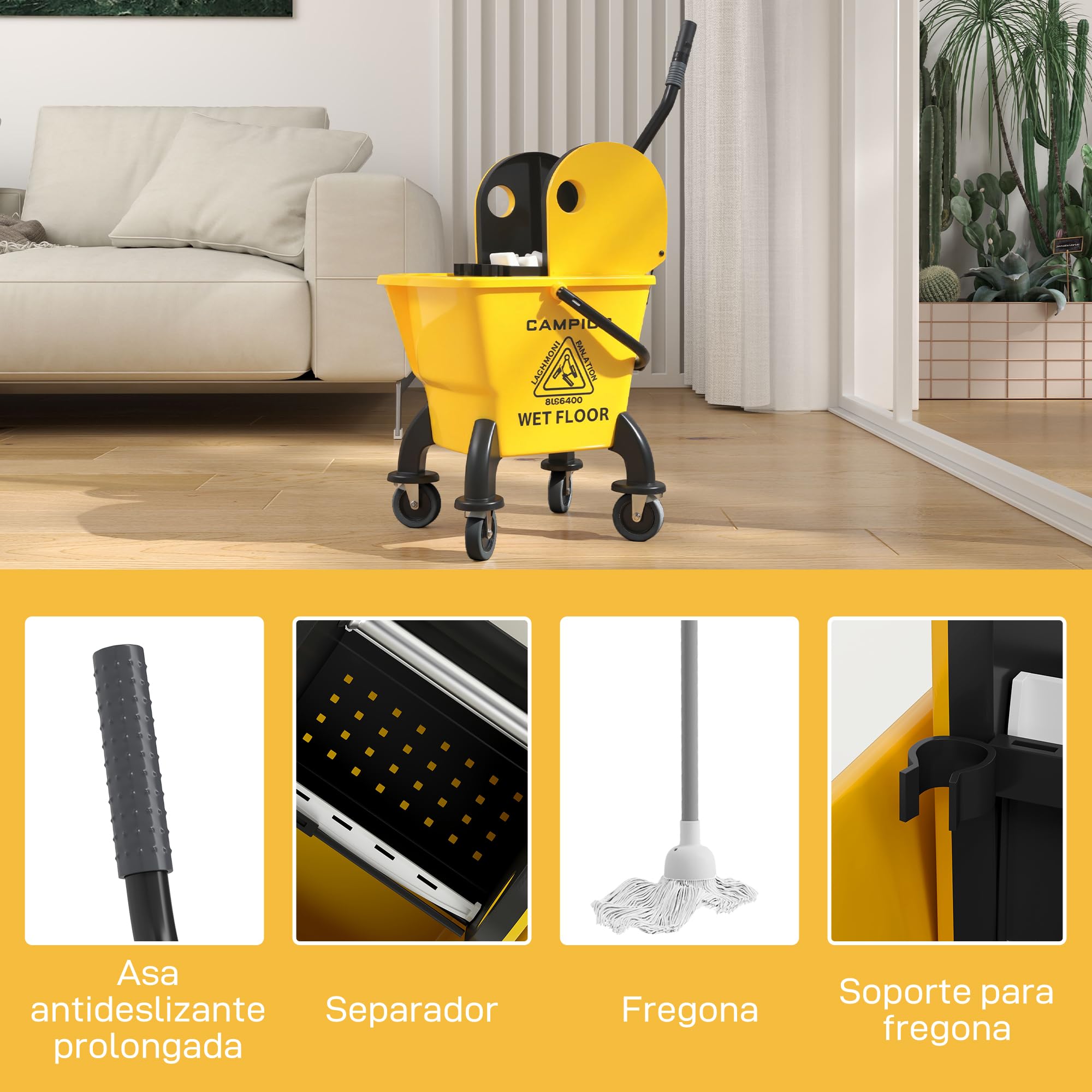 HOMCOM Cubo de Fregona con Ruedas, Escurridor Desmontable de Prensa hacia Abajo, Capacidad 26 L/27,5 qt, Cubo de Fregar Incluye Fregona y Asa, para Uso Comercial y Doméstico, Amarillo