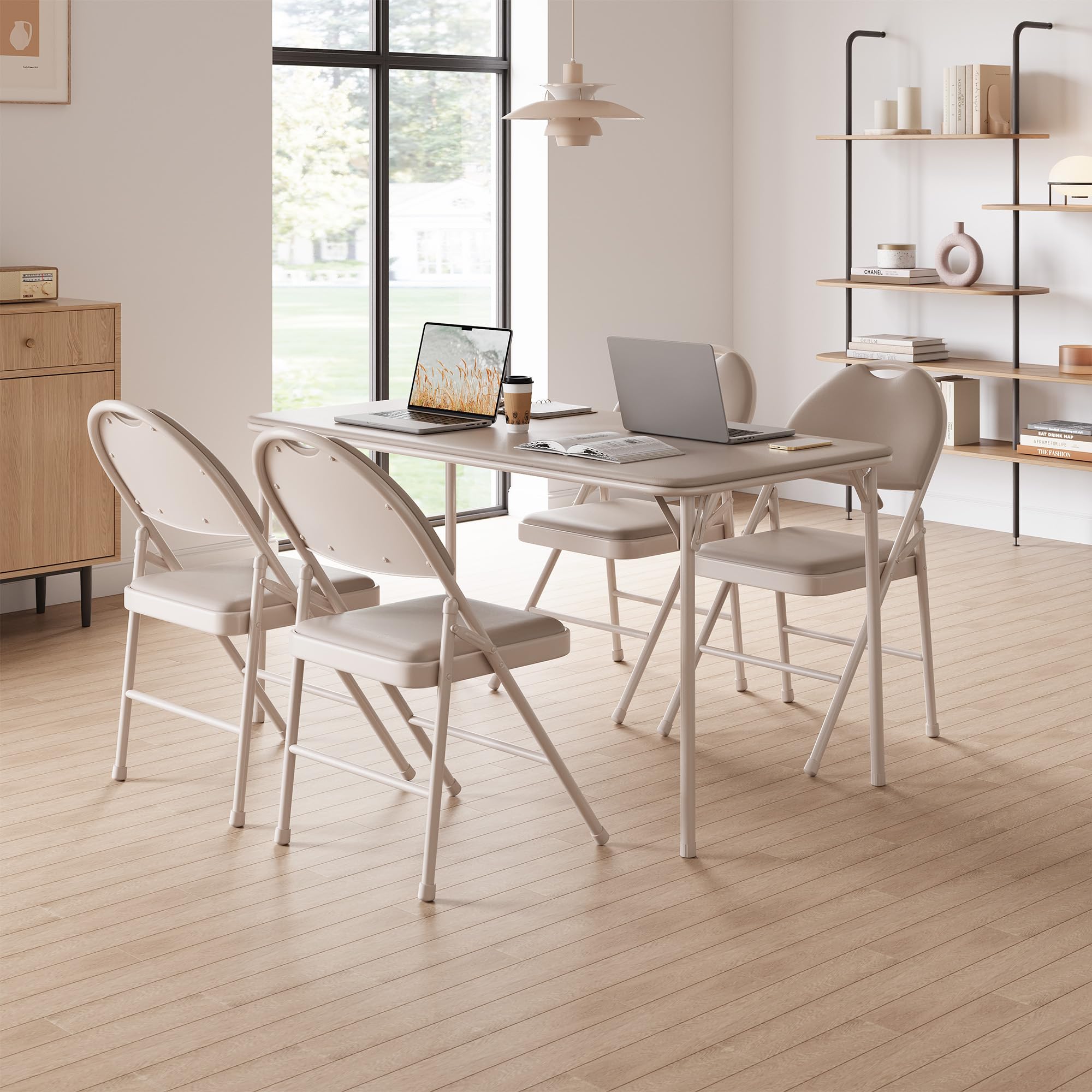 Sedie pieghevoli imbottite per sala da pranzo - struttura in metallo robusto - seduta in similpelle PU facile da pulire - schienale ergonomico - ideali per cucina, ufficio, eventi - Beige, 4