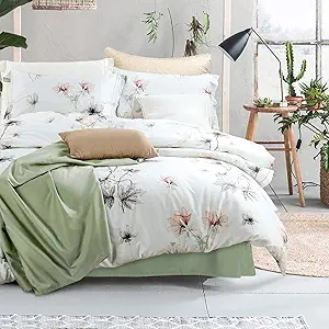 MILDLY 100% Long-Staple Cotton Duvet Cover Set White Green Floral Leaves Pattern Printed Comforter Cover 3pcs, Ultra Soft & Breathable Bedding Set
