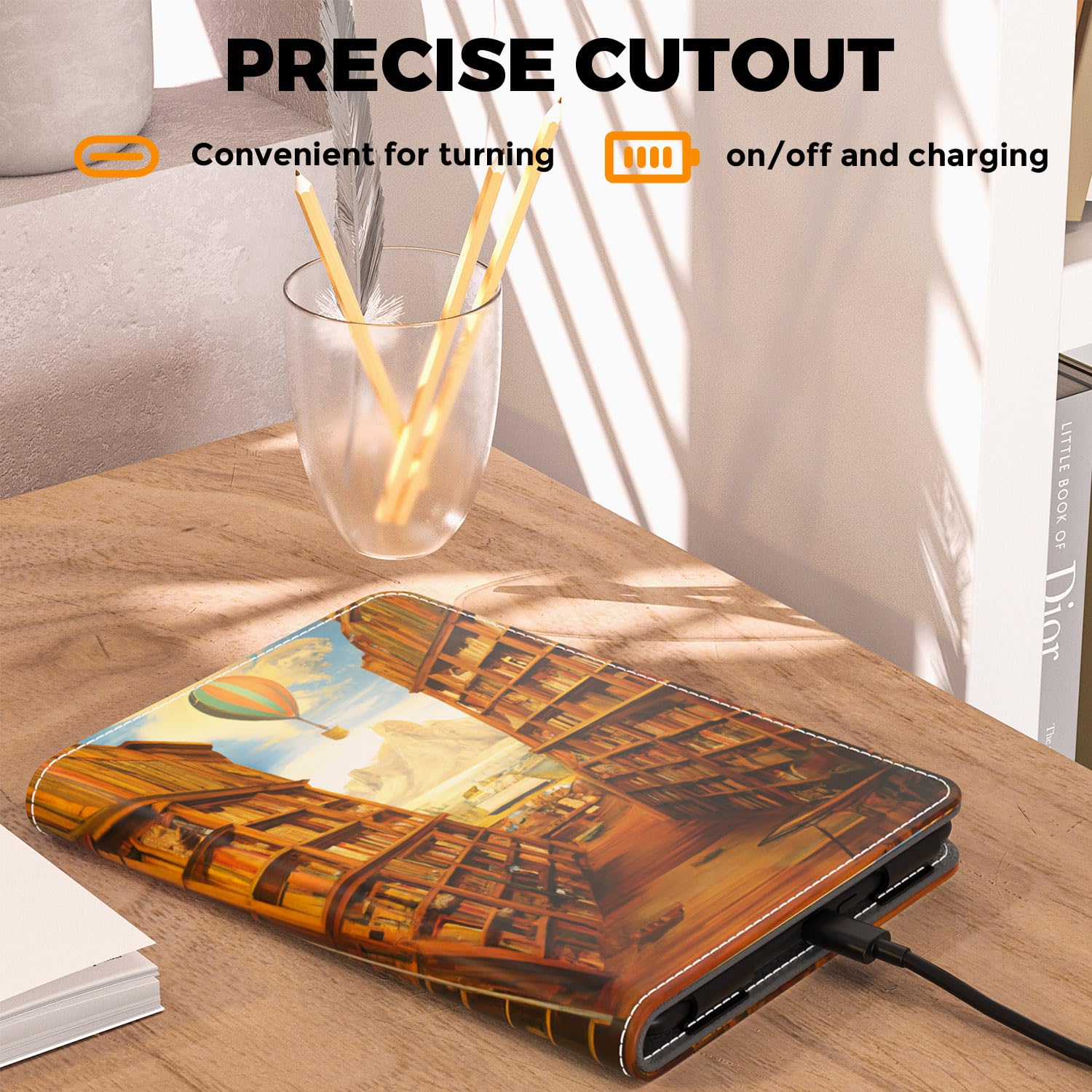 VORI Stand Case für Kindle Paperwhite (11th Generation-2021) und Kindle Paperwhite Signature Edition, PU Leder Case Smart Schutzhülle mit Auto Wake/Sleep und Handschlaufe (Bibliothek)
