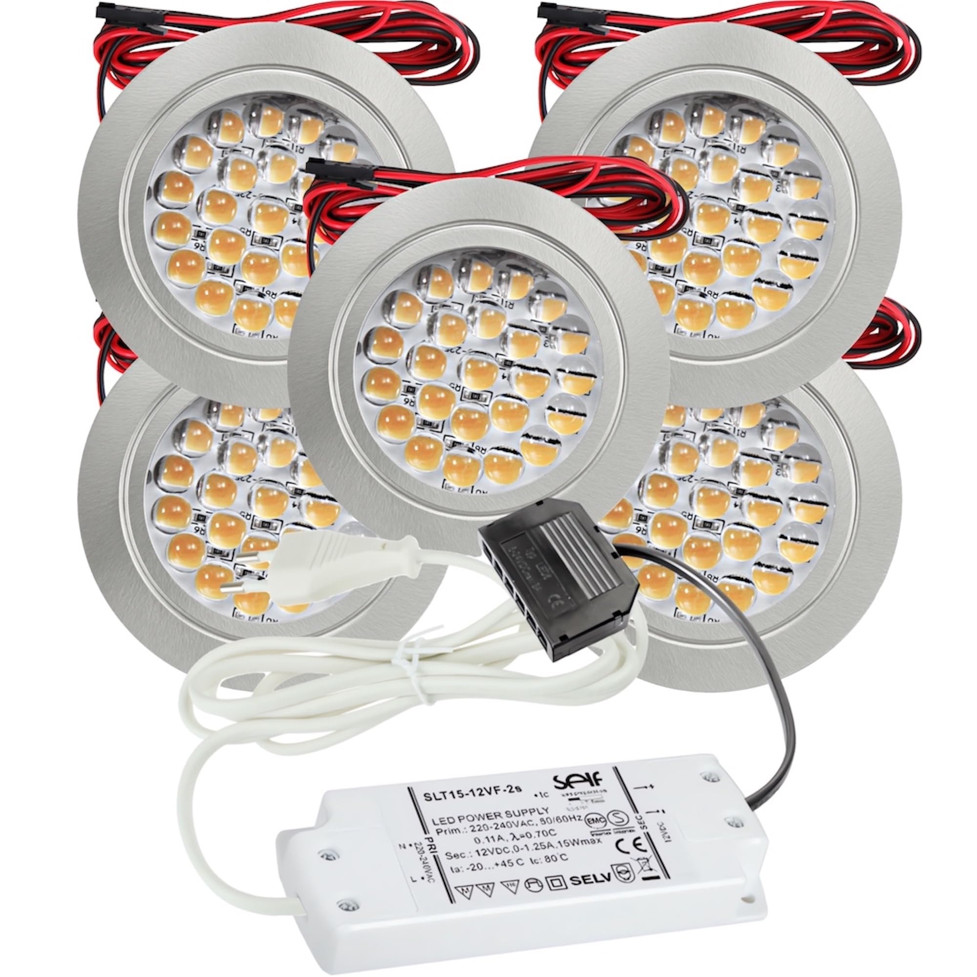 5er Set LED Möbel Einbaustrahler 12V ultra flach 2.4W Einbauleuchten Mira 190lm mit LED Trafo und 230V Zuleitung 4000k Neutralweiß Lochausschnitt: 58 bis 60mm Silber Plug and Play Spots