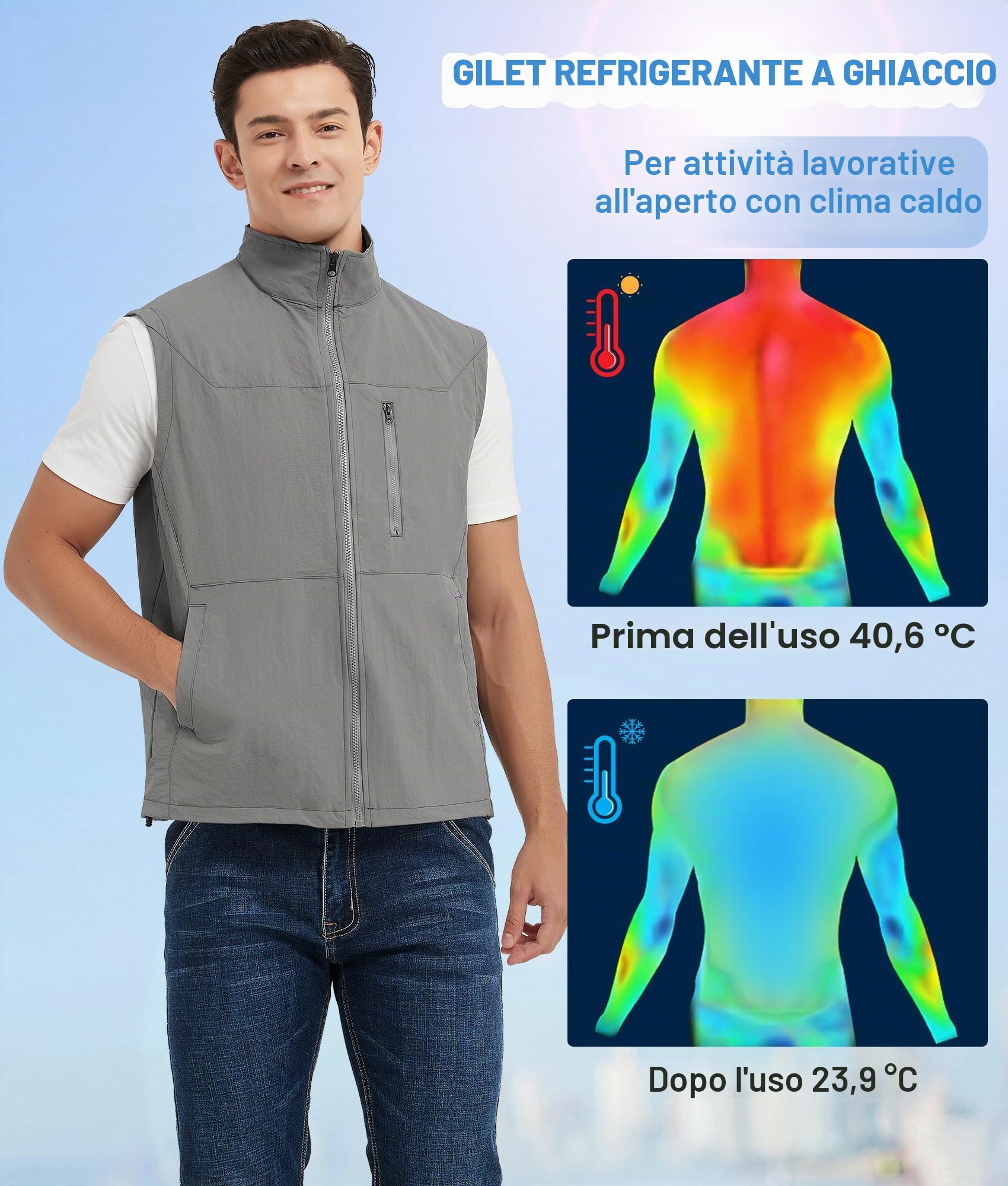 Gilet refrigerante da uomo, con 24 impacchi di ghiaccio, per tempo caldo, attività all'aria aperta, lavoro quotidiano