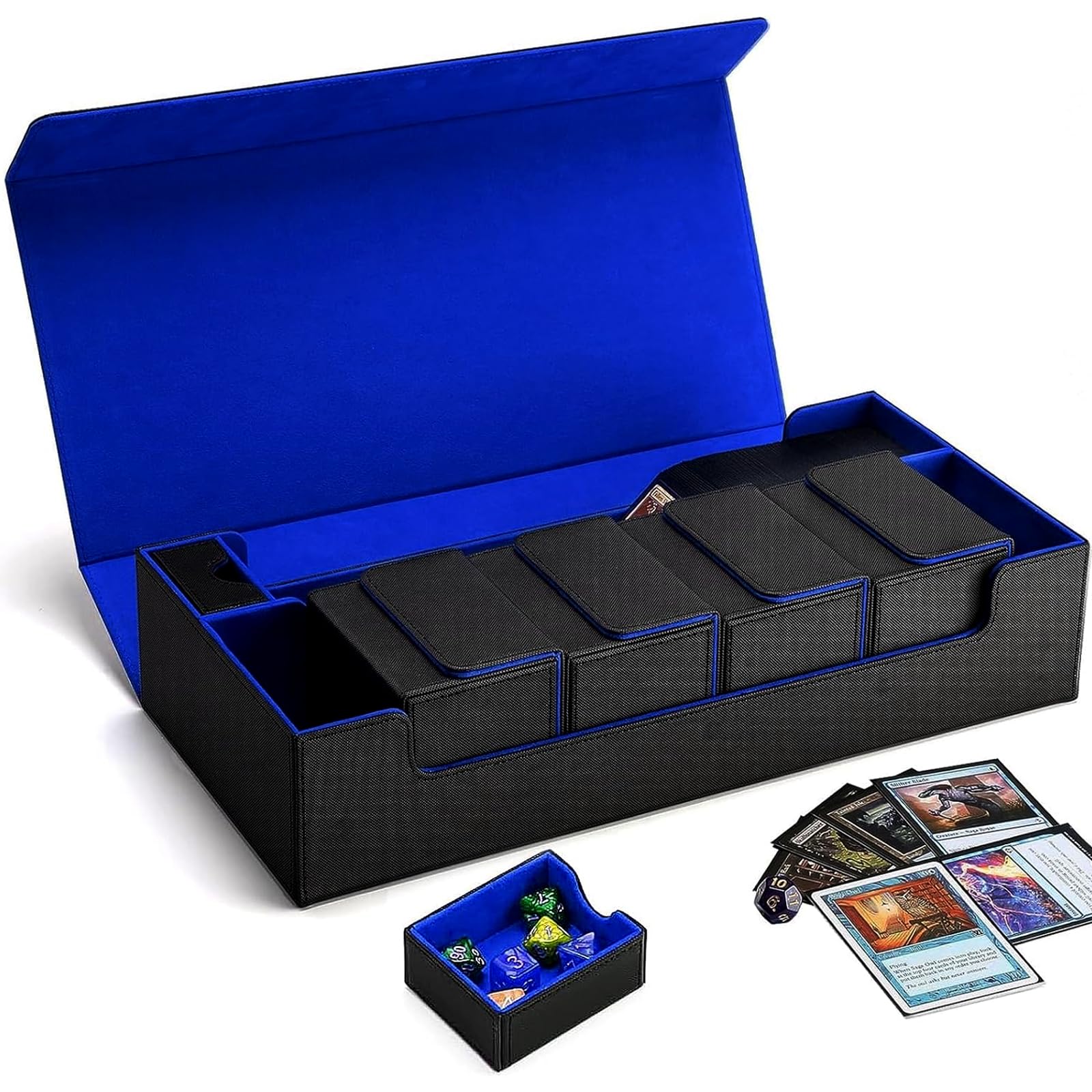 Premium Trading Card Storage Case TCG Deck Box Holds 800+ Sleeved Cards for MTG, YuGiOh, Uno, Sport with Strong Magnet Closure (Black/Blue)