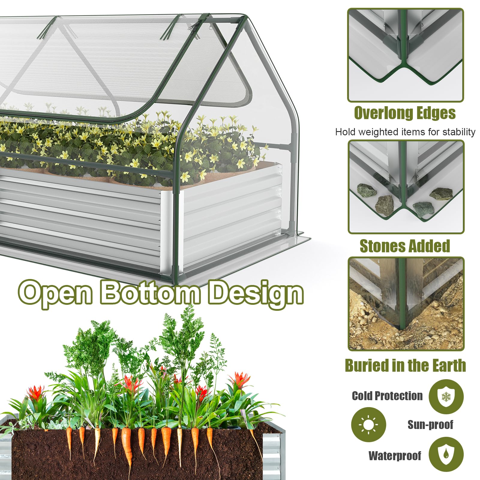 HOMASIS 2 in 1 Gewchshaus mit Hochbeet, Foliengewchshaus Winterschutz,  Frhbeet aus Metall & PVC-Folie, Tomatenhaus mit 2 Fenstern, Blumenkasten  fr Garten Balkon (Silber+Grn, 180  90  91 cm) : Amazon.de: Garten