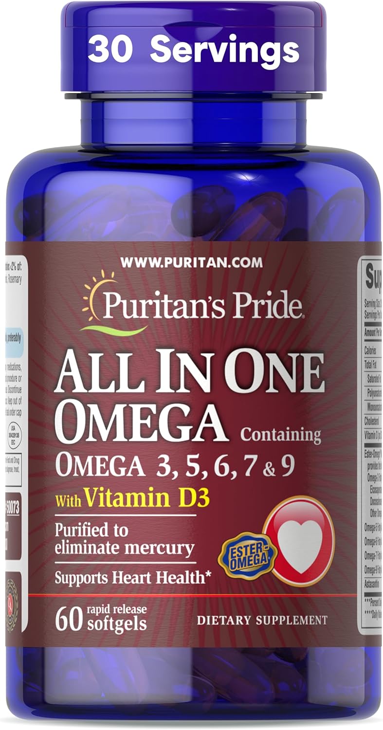 Puritan's Pride All In One With Omega 3, 5, 6, 7, 9 And Vitamin D3 Alaskan Salmon Oil, Dietary Supplement for Cardiovascular, Heart, and Circulation Support, 1 Month Supply, 60 Rapid Release Softgels