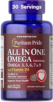 Puritans Pride All In One With Omega 3, 5, 6, 7, 9 And Vitamin D3 Alaskan Salmon Oil, Dietary Supplement for Cardiovascular, Heart, and Circulation Support, 1 Month Supply, 60 Rapid Release Softgels