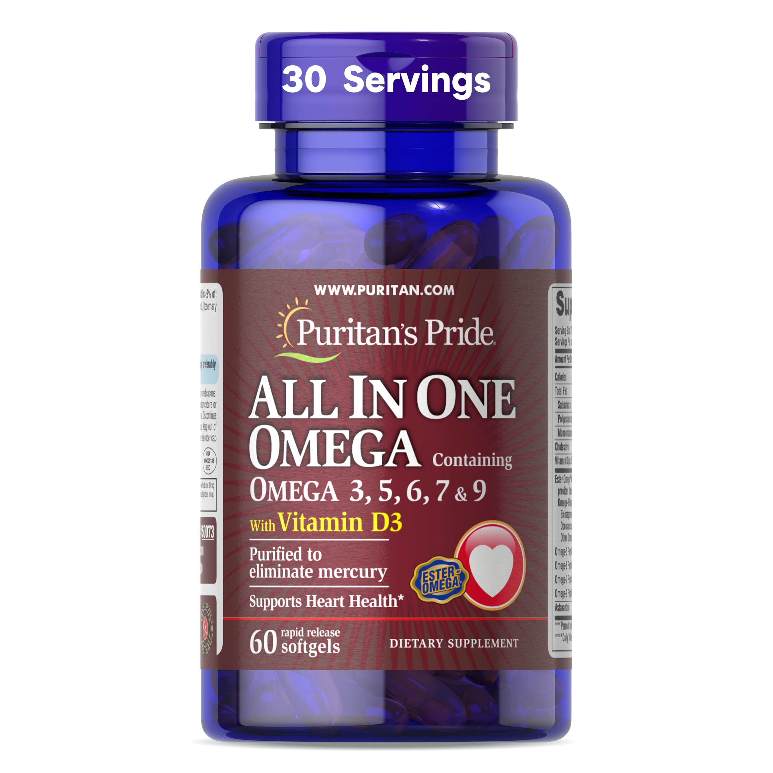 All in One Omega 3, 5, 6, 7 and 9 with Vitamin D3, 60 Count(Pack of 1)