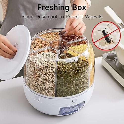 Miniatura 4 de Dispensador de arroz Contenedor de almacenamiento de granos giratorio de 360 6 rejillas, contenedor de alimentos de gran capacidad de 20 libras, a