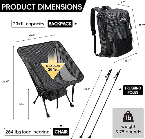 Miniatura 3 de Alocs Mochila de senderismo 3 en 1 con postes de senderismo, mochila ligera que se convierte en una silla portátil, asiento plegable compacto para