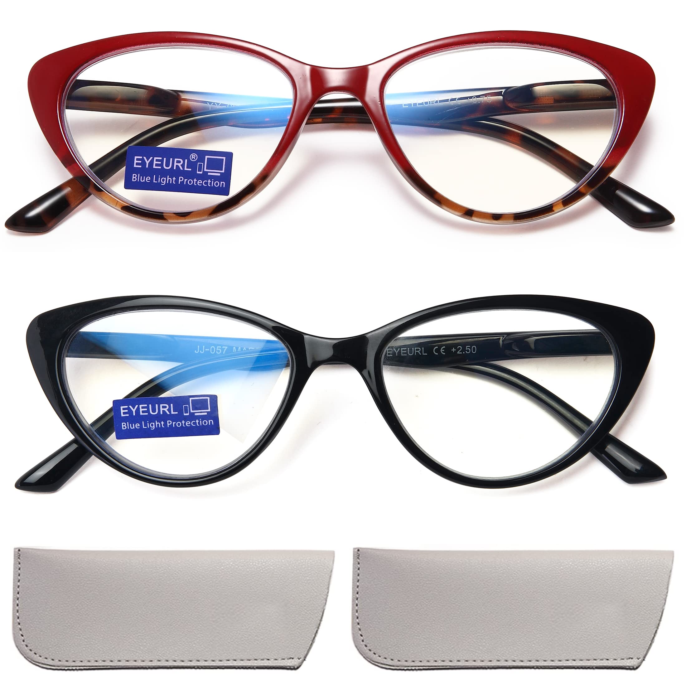 EYEURL Cat Eye Reading Glasses for Womens 2 Pack of Blue Light Blocking Readers