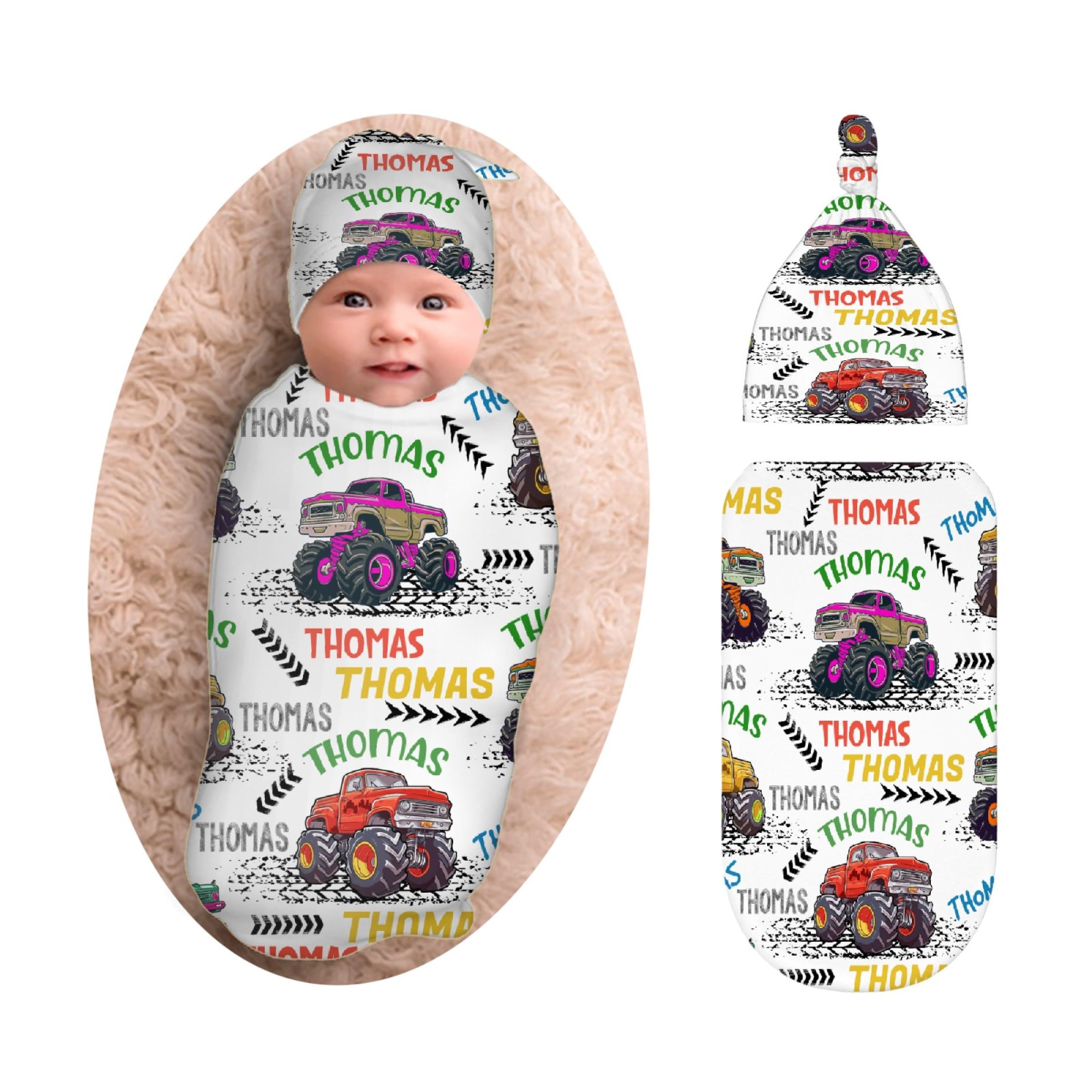 Personalized Baby Swaddle Blanket & Hat Set for Boys Girls, Customized Newborn Gifts, Custom Truck Receiving Blanket with Name, Ultra Soft Nursery Swaddle Wrap, Swaddling Sleeping Sacks