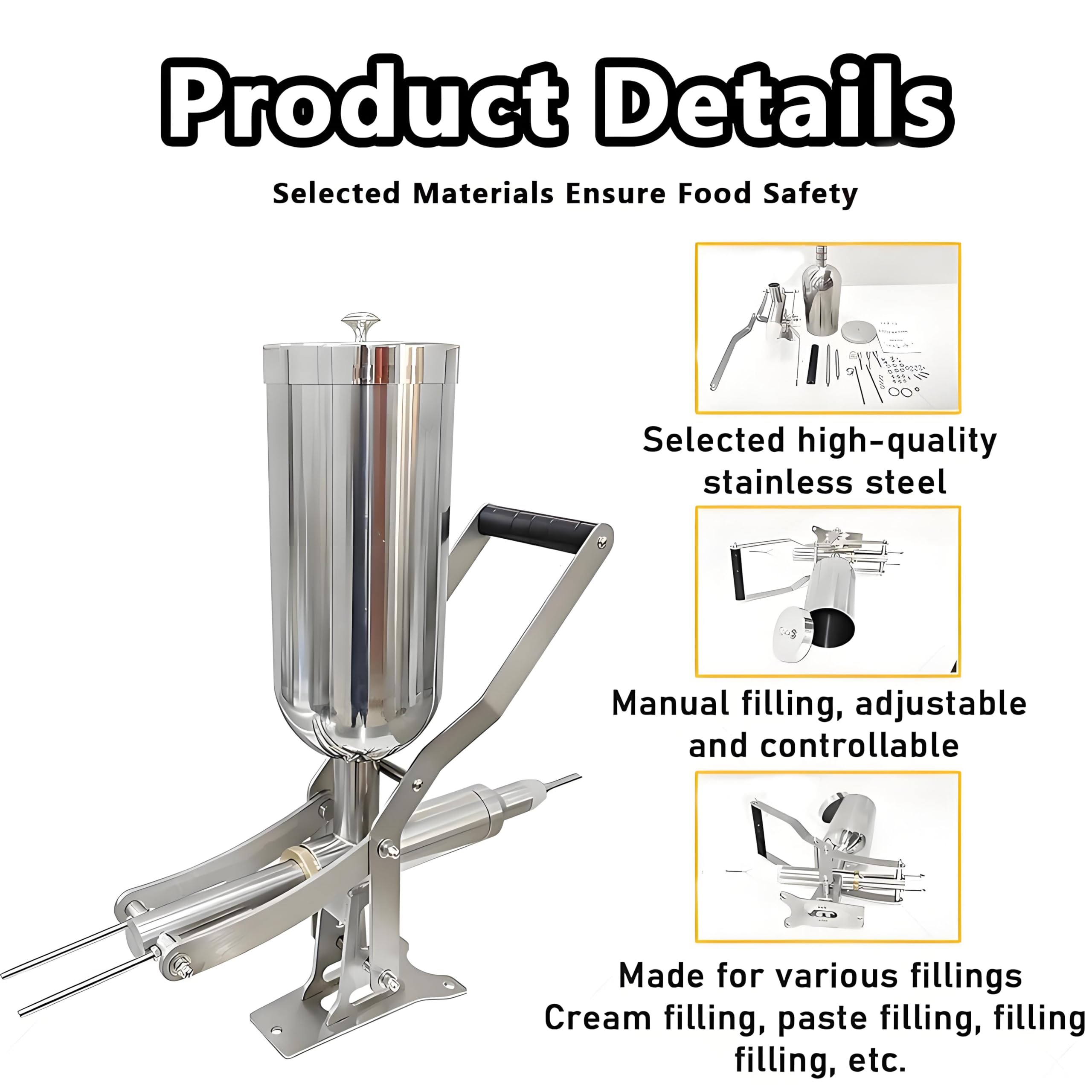 Máquina de llenado manual de mermelada de acero inoxidable comercial con boquillas antigoteo para churros, donas y postres en restaurantes o cocinas domésticas