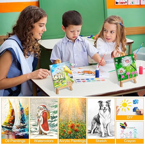 Miniatura 4 de Mimorou Mini lienzos estirados pequeños con caballete para exhibición de madera, suministros de acuarela de aceite para verter agua (paquete de 32,