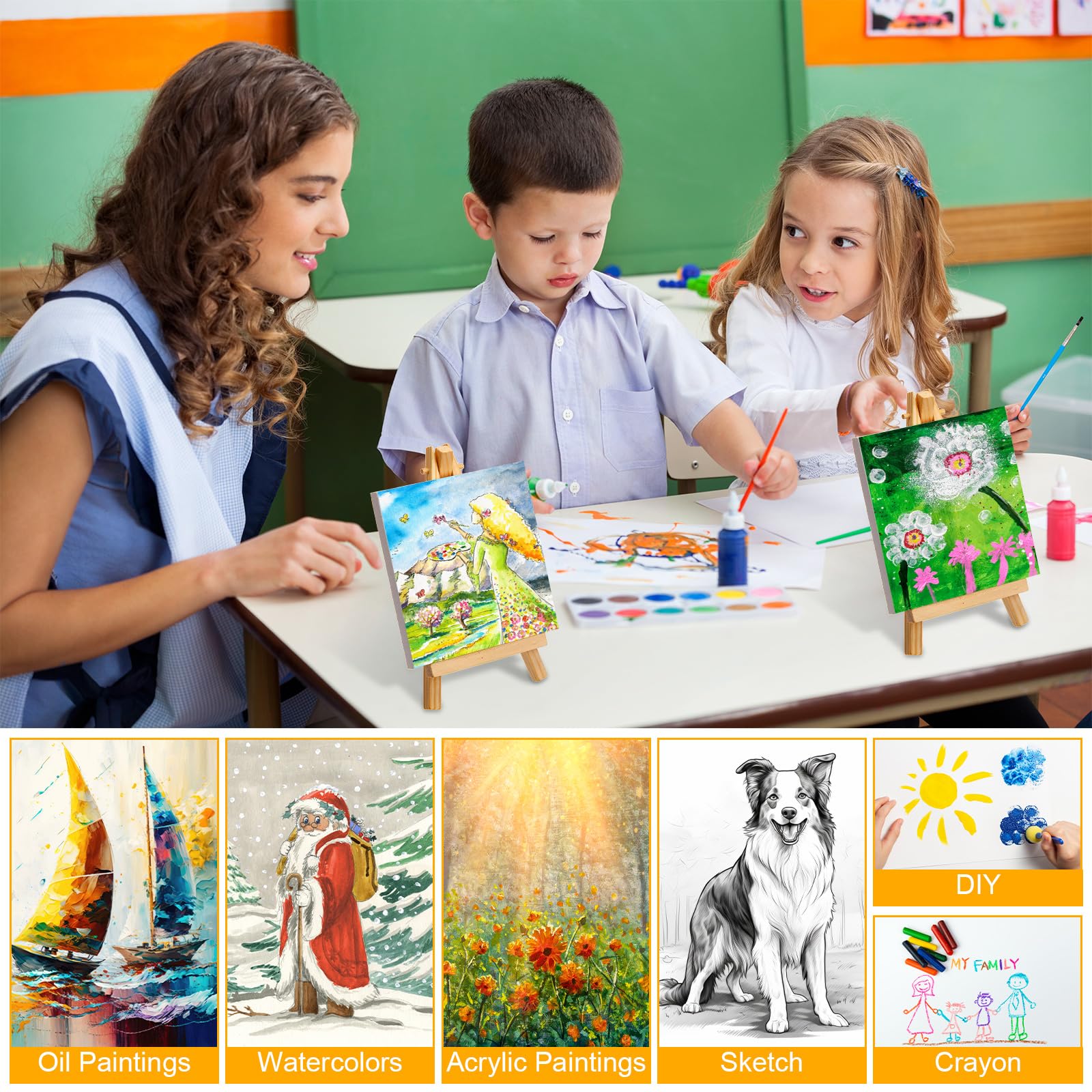 Mimorou Lot de 32 mini toiles tendues avec chevalet pour décoration sur bois, loisirs créatifs pour enfants, peinture acrylique, peinture à l'huile et à l'eau (12,7 x 12,7 cm)