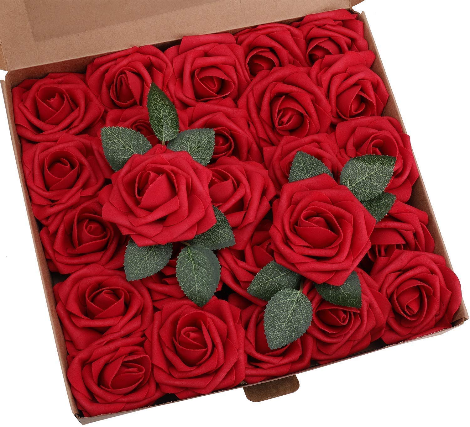 Shiwaki 25pcs PE Foam Artificial Roses Flowers For DIY Wedding Bridesmaids Bouquets Centerpieces Bridal Shower Wrist Flower Decorations - Red