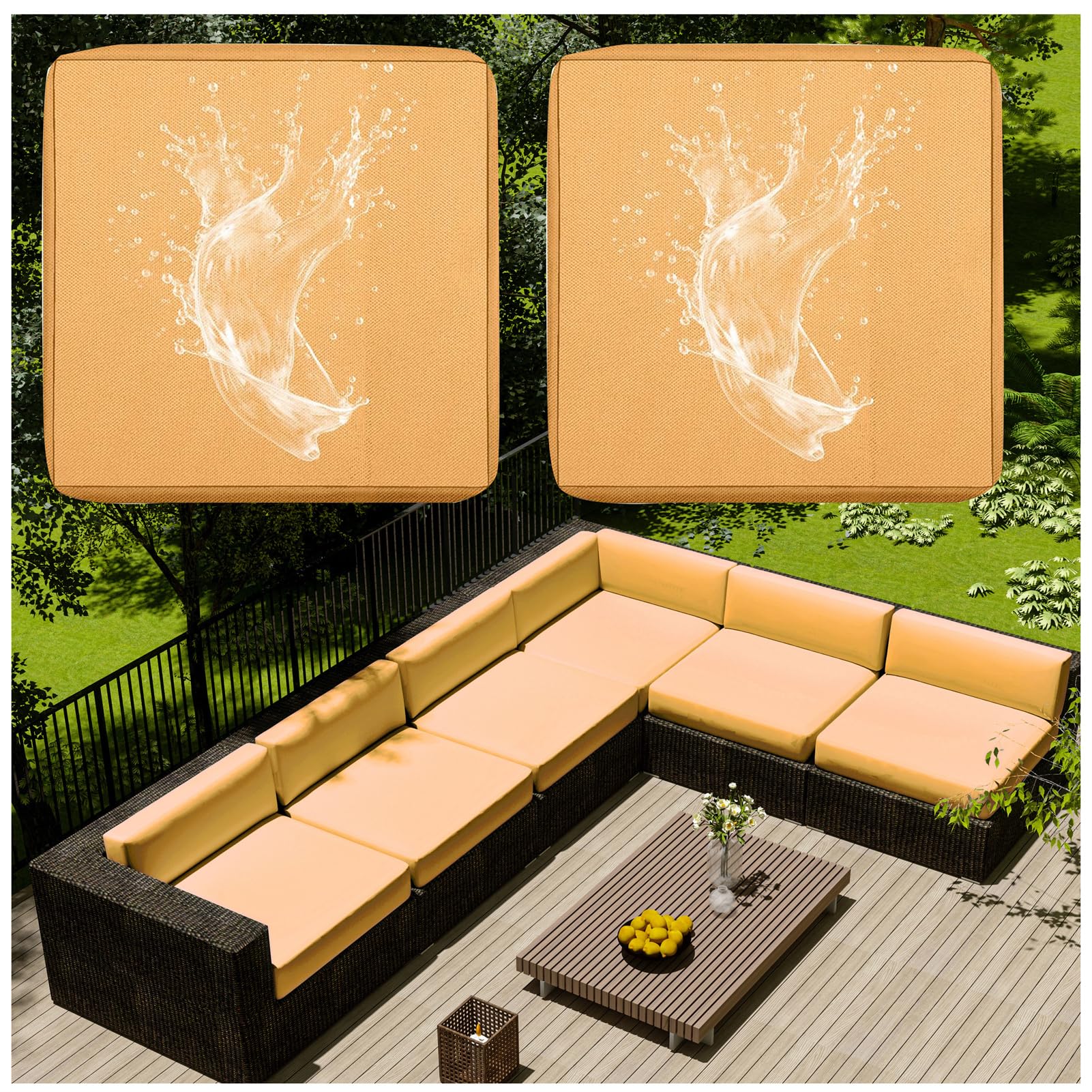1/2/4 Pcs Patio Cushion Covers Waterproof – Outdoor Rattan Furniture Cushion Replacement Slipcovers with Zipper for L-Shaped Garden Sofa or Corner Couch (Gold,60x55cm 2 pcs)