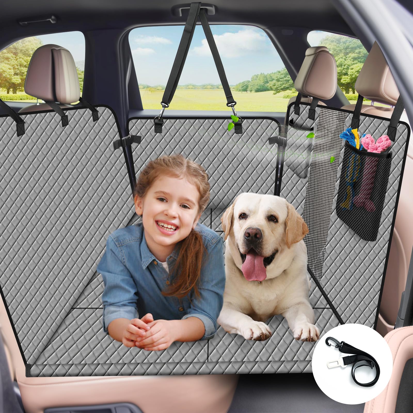 Reiseresa Coperta per cani per auto, versatile coperta per cani con robusta tavola in legno duro e cinture di sicurezza, impermeabile, per tutte le auto, SUV, colore grigio