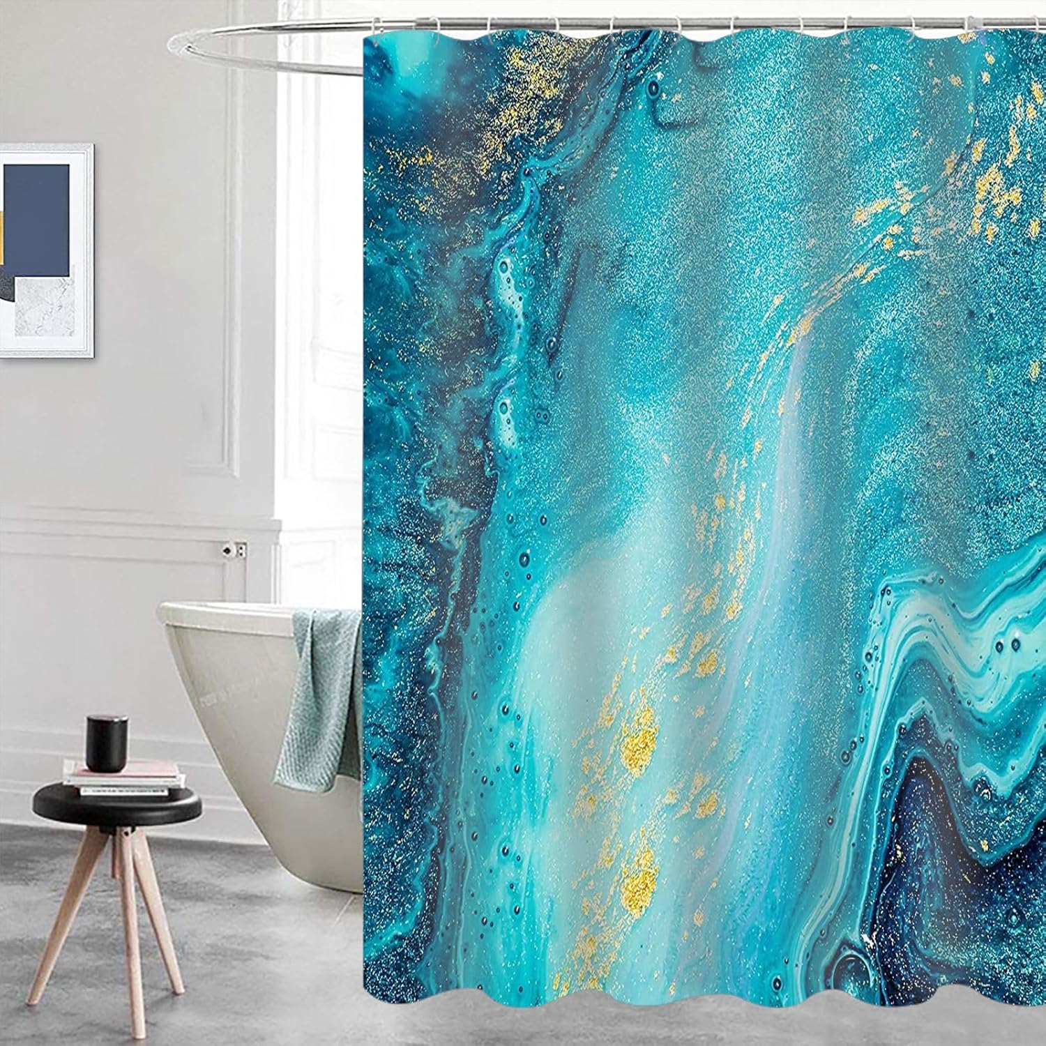 Domoku Marble Waterproof Shower Curtain with Hooks, Machine Washable Easy-Care Fabric Bathroom Curtain for Tub or Shower (Aquamarine, 72" W x84 L)