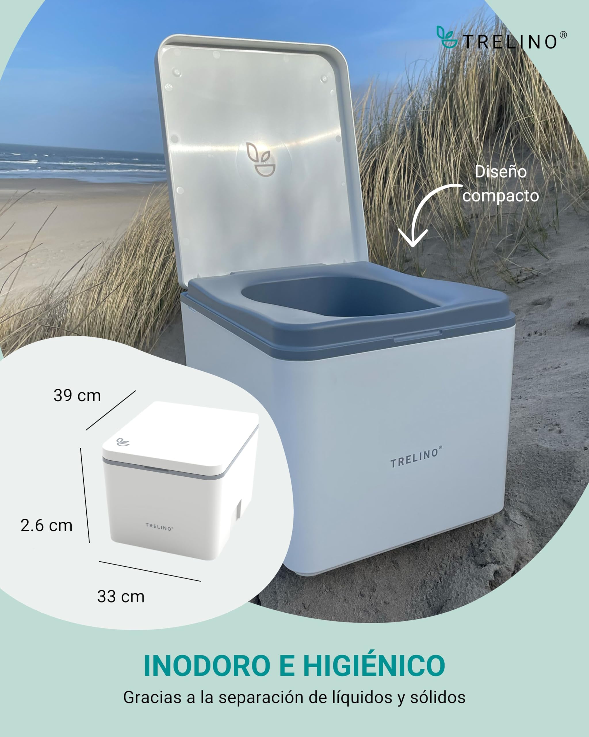TRELINO EVO S, 39 x 33 x 29,6 cm, baño seco con Separador, WC portátil para Camping y Uso al Aire Libre, Inodoro seco para Furgonetas y autocaravanas, sin Agua ni Productos químicos