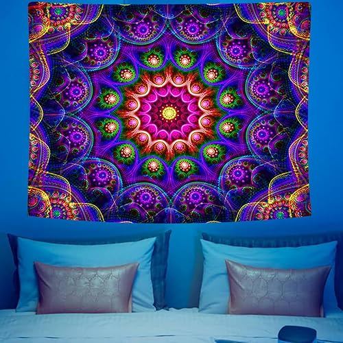 Miniatura 8 de Psyhilar Tapiz de mandala trippy de luz negra para colgar en la pared de dormitorio, póster hippie bohemio con luz negra para adultos (90 x 70