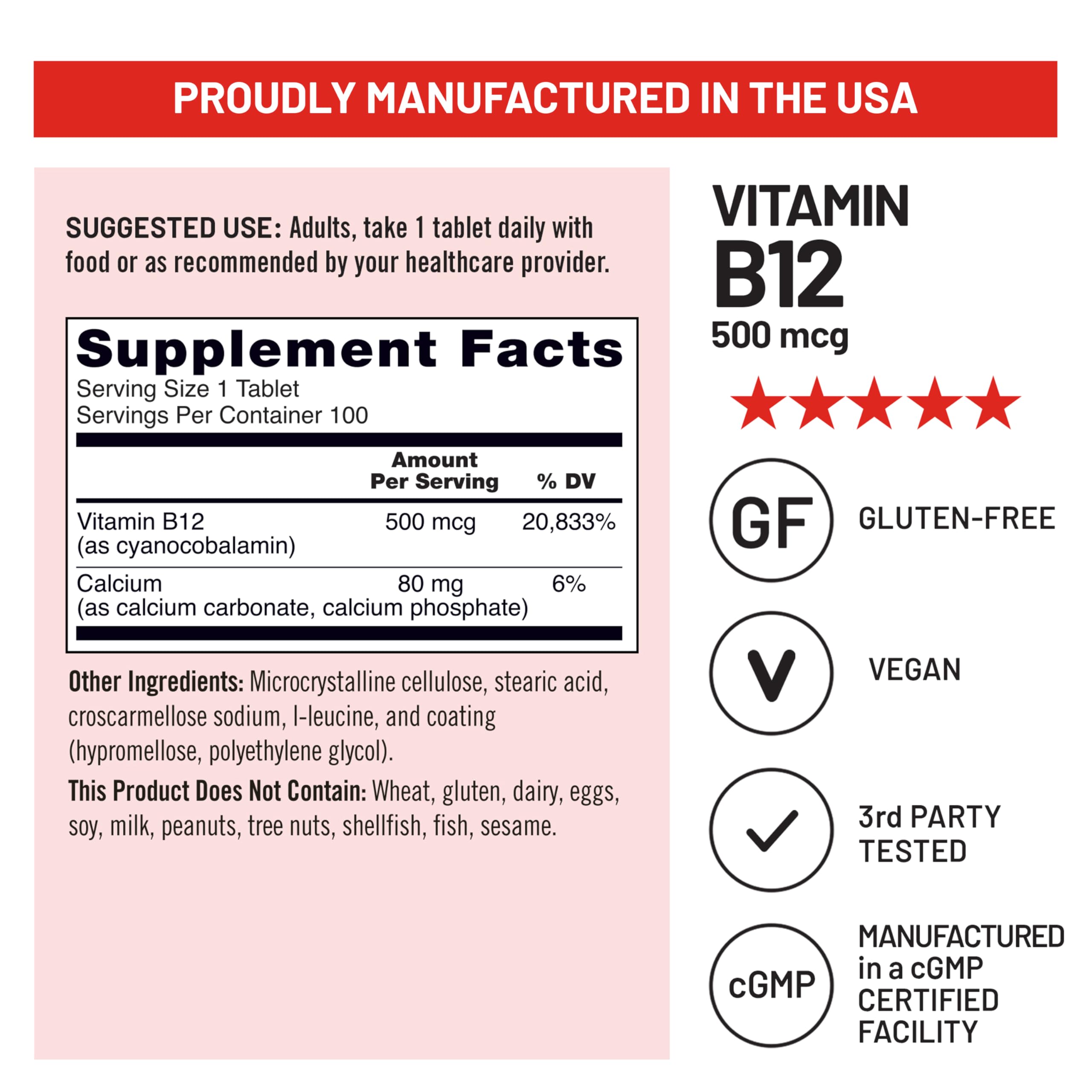NatureWise Vitamin B12 500 mcg - B12 Supplement for Energy + Mental Clarity & Nervous System Support - Easy-to-Swallow, Vegan & Non-GMO - USA Manufactured - 100 Tablets[100-Day Supply] — Amazon image 5