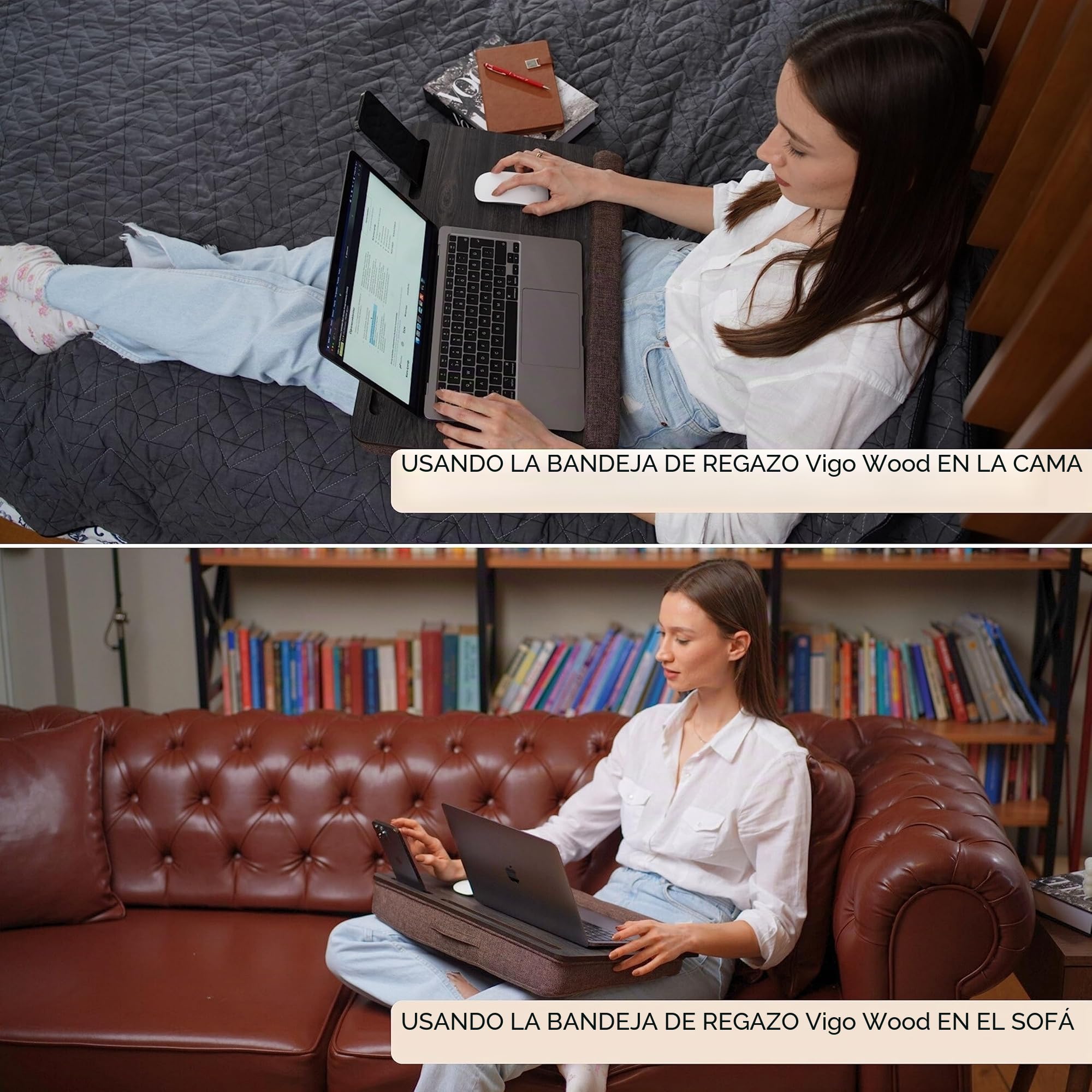 Vigo Wood Escritorio de Regazo XL de Madera con Cojín para Portátiles hasta 17,3'', con Soporte para Ratón, Tablet y Teléfono, Ideal para Cama y Sofá (Cambridge Y Marrón)