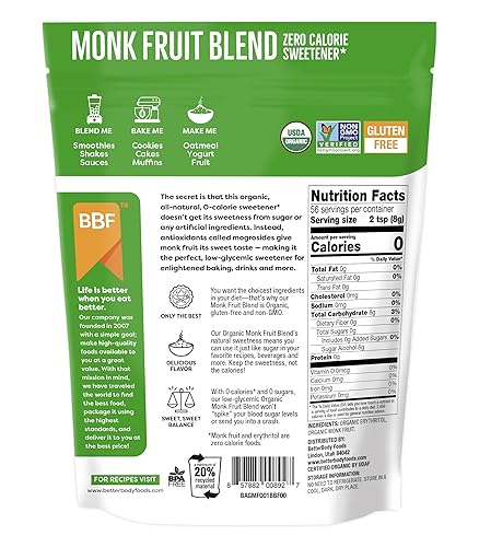 Miniatura 7 de BetterBody Foods Mezcla de edulcorante orgánico de fruta de monje sustituto de azúcar de caña cruda cero calorías dieta cetogénica cero