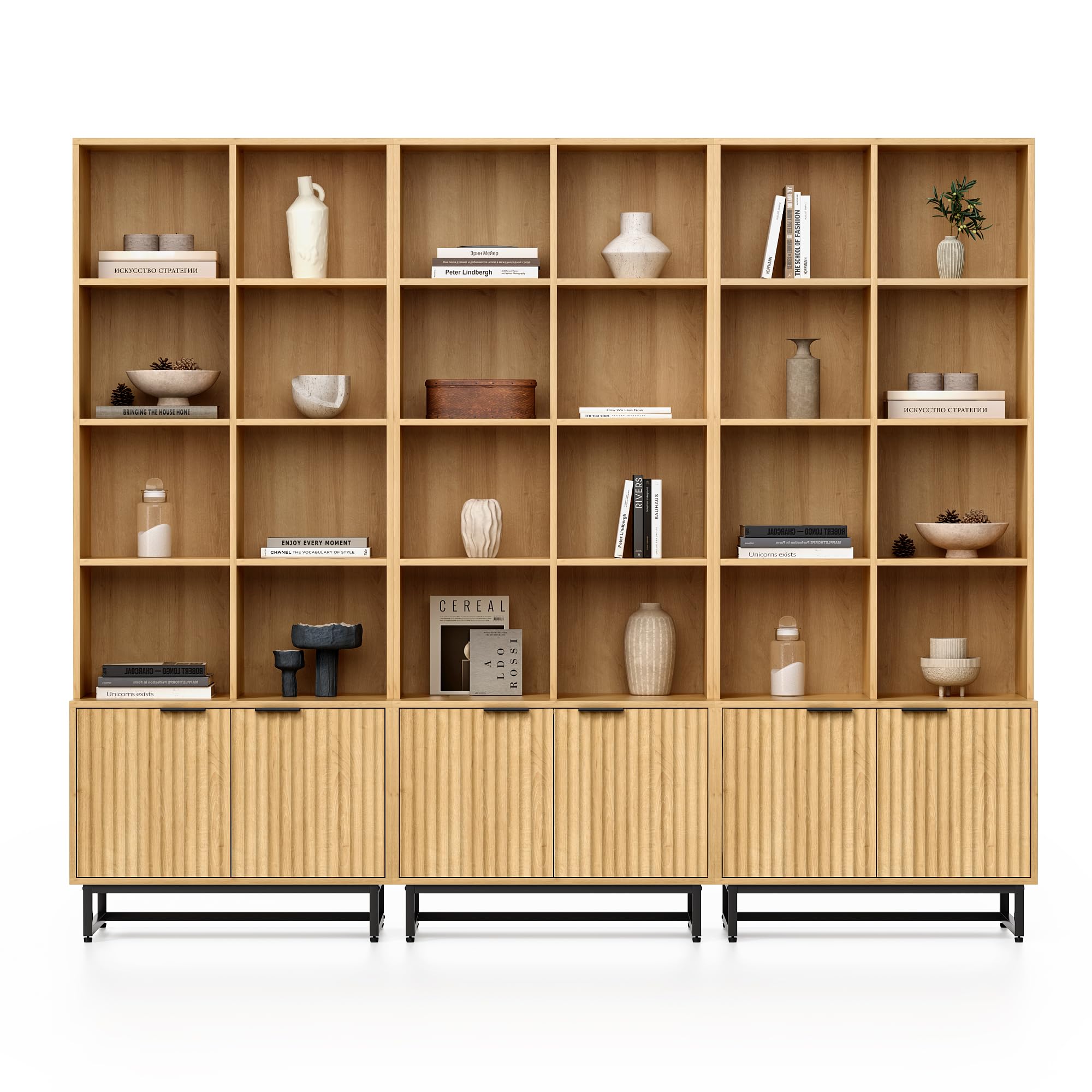 Farmhouse Bookshelf with Doors, 71'' Tall, Natural Oak