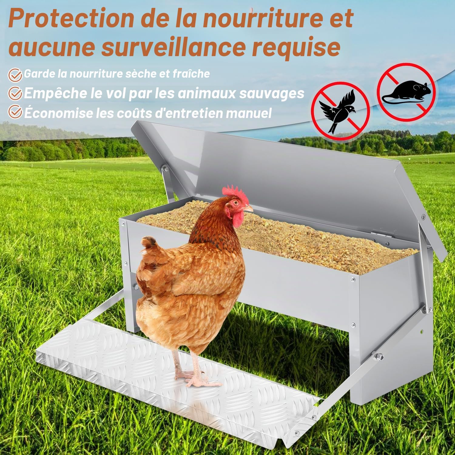 Mangeoire automatique pour poules 5 kg - Distributeur de nourriture avec pédale automatique, nourriture pour volailles, imperméable et protégé contre les rats