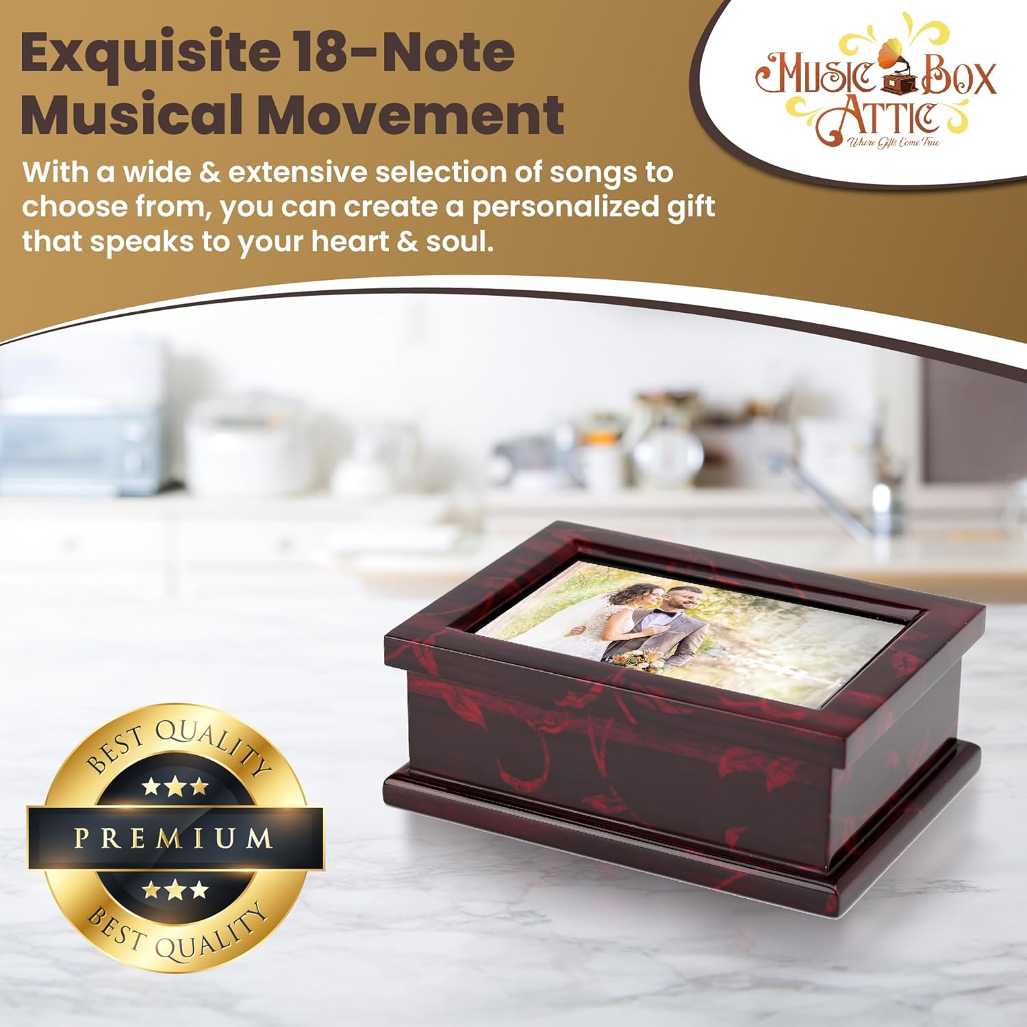 MusicBoxAttic Modern 4 x 6 Photo Frame Musical Jewelry Box with Floral Motifs-Many Songs to Choose-Can't Help Falling in Love