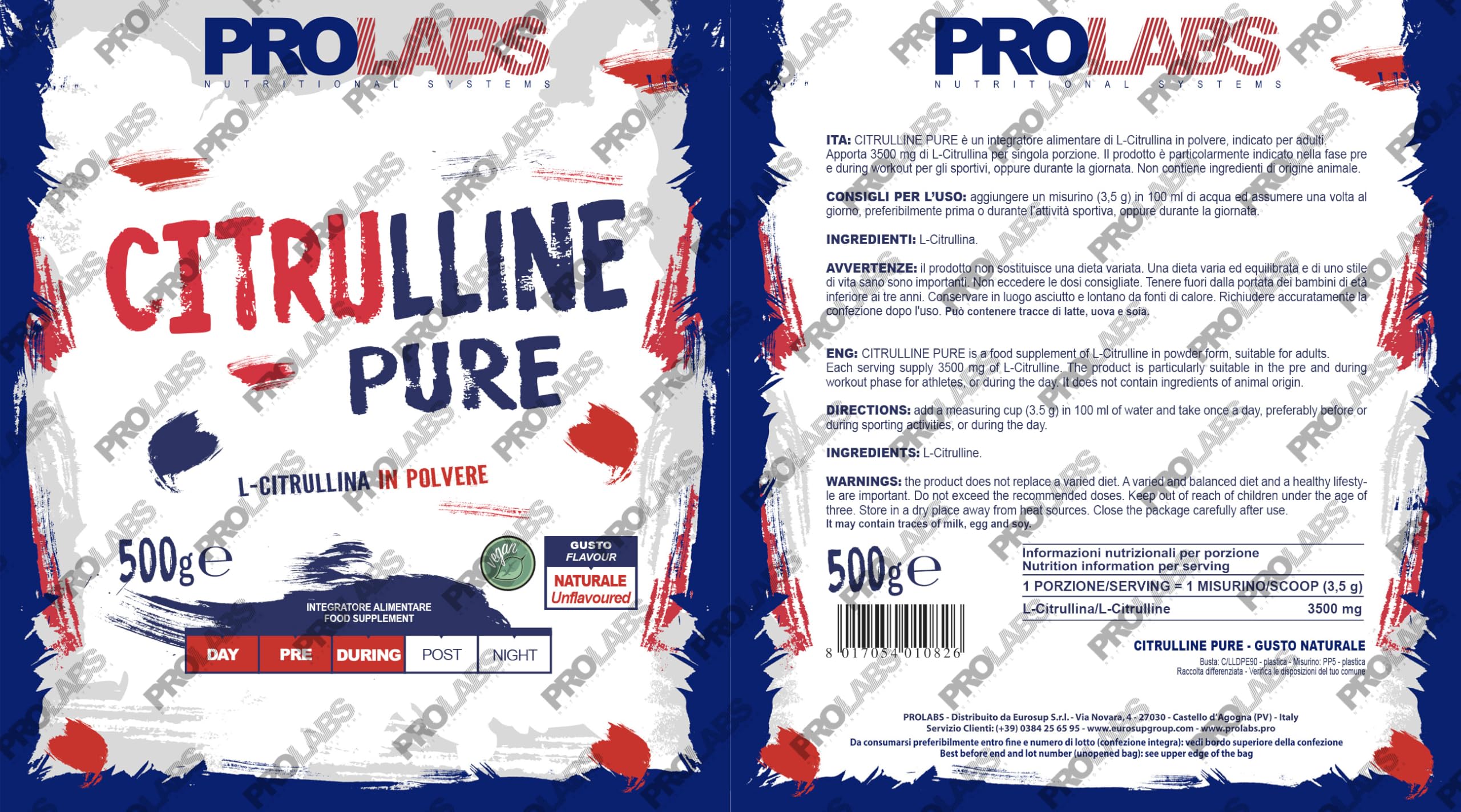 PROLABS – Citrullina PURE in Polvere 100% Pura e Vegan, L-Citrullina 3500mg x Porzione (1 Scoop), Amminoacido per Prestazioni, Forza e Resistenza - Aminoacidi Intra e Pre Workout (500gr, Gusto Neutro)